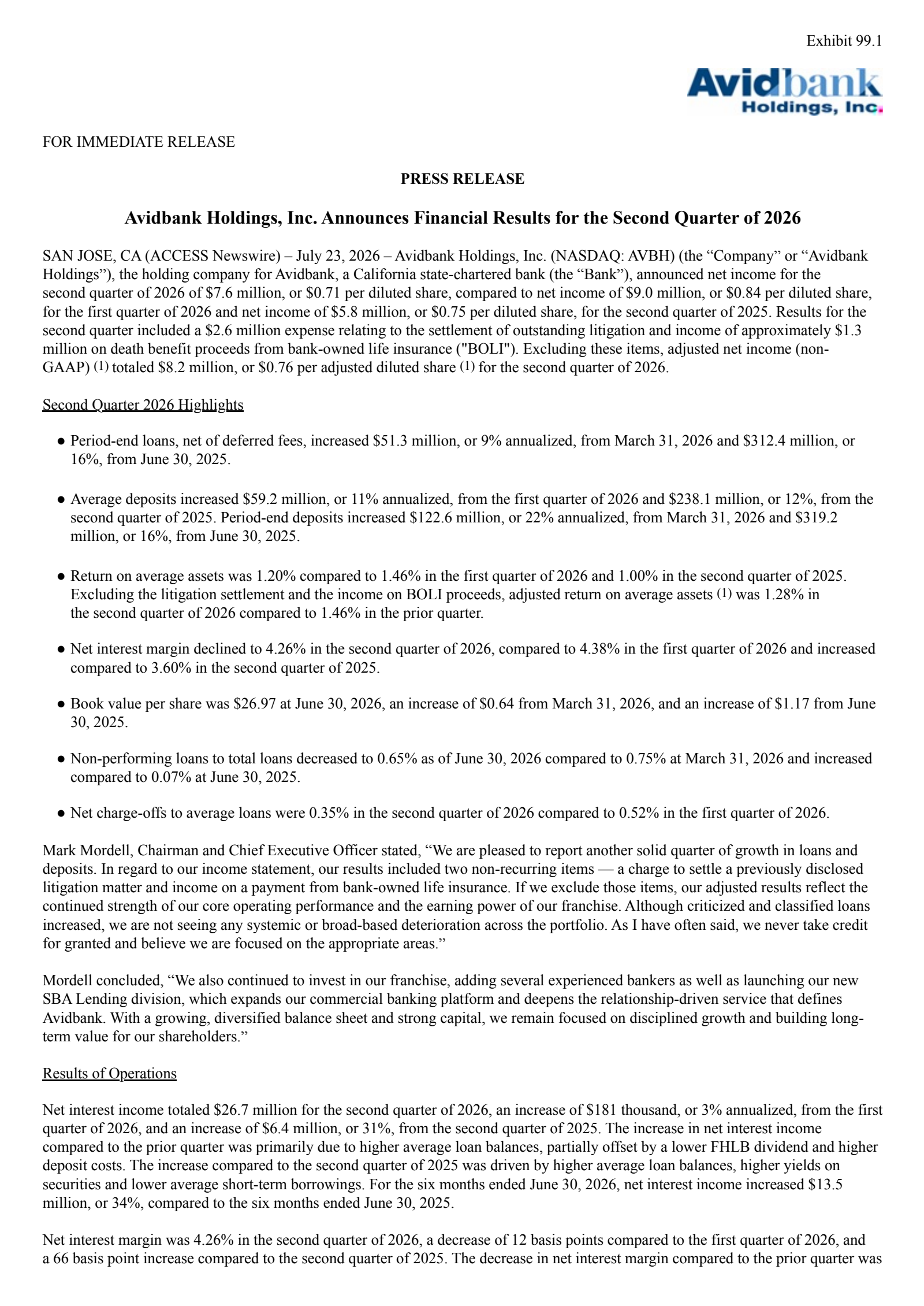 Avidbank's Q2 2026 Press Release