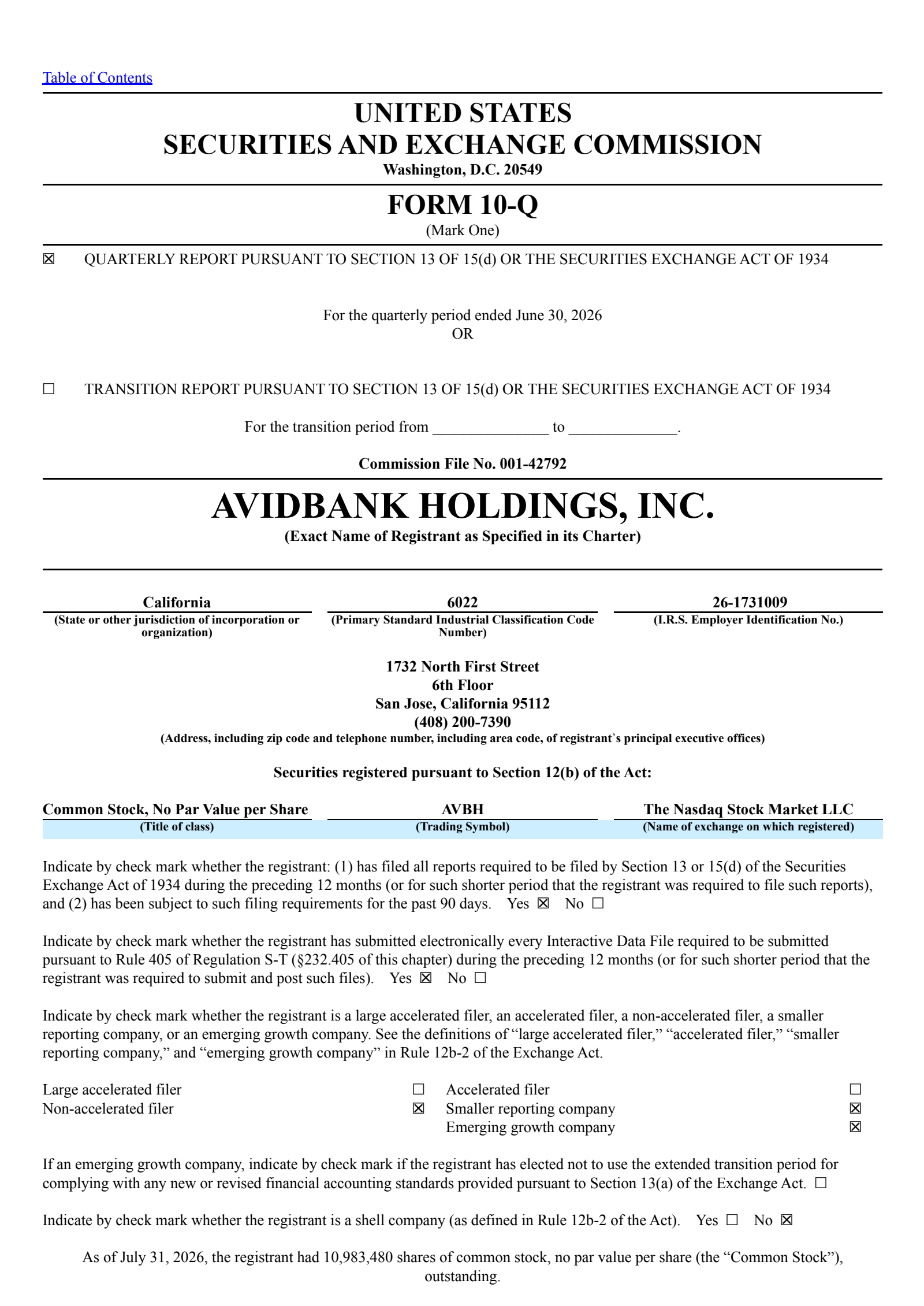 Avidbank's Q2 2026 Quarterly report