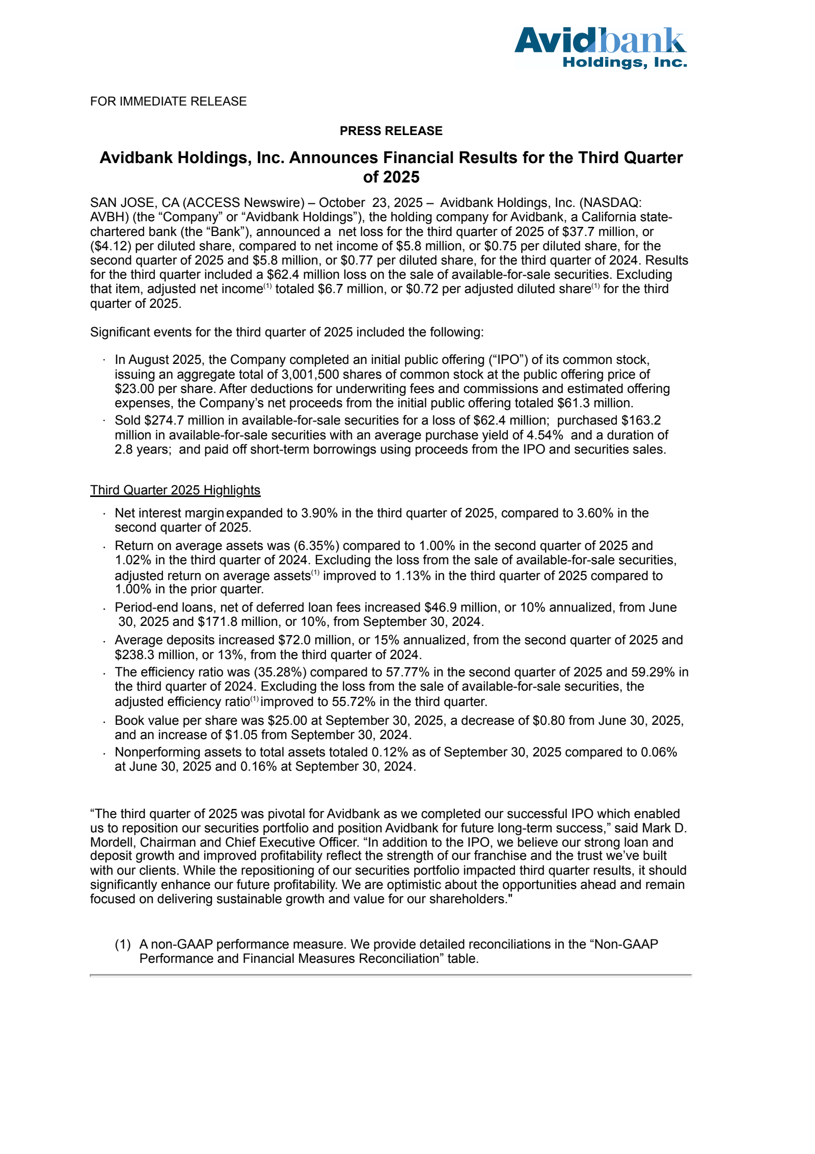 Avidbank's Q3 2025 Earnings Release