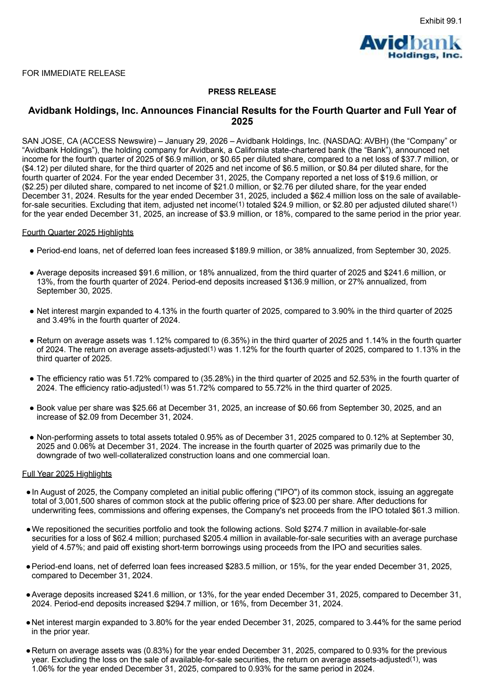 Avidbank's Q4 2025 Press Release