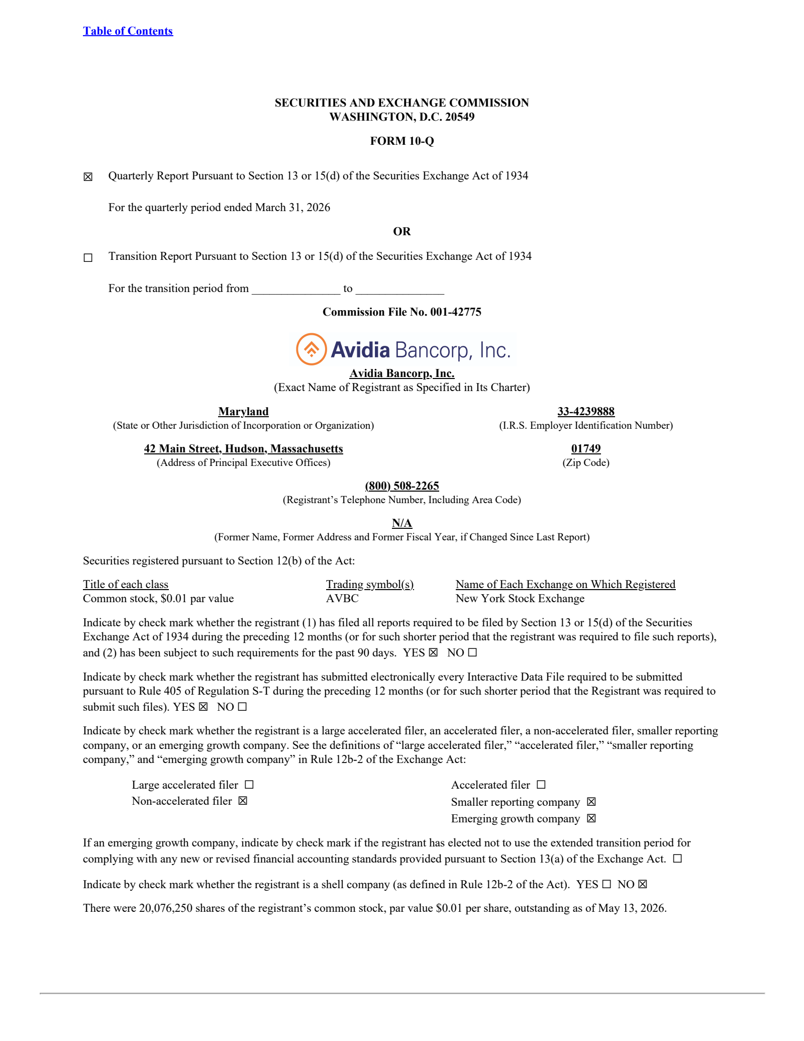 Avidia Bancorp's Q1 2026 Quarterly report