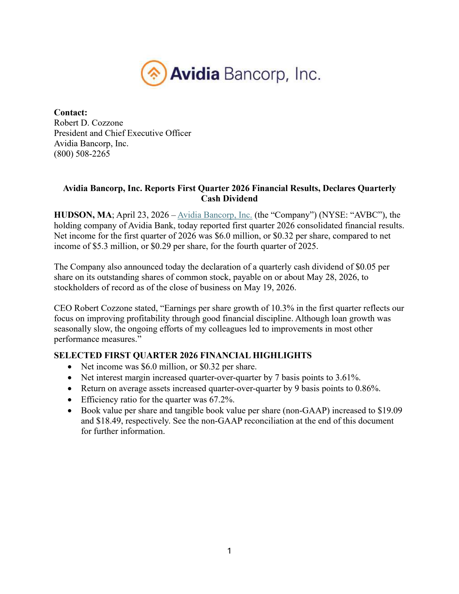 Avidia Bancorp's Q1 2026 Press Release