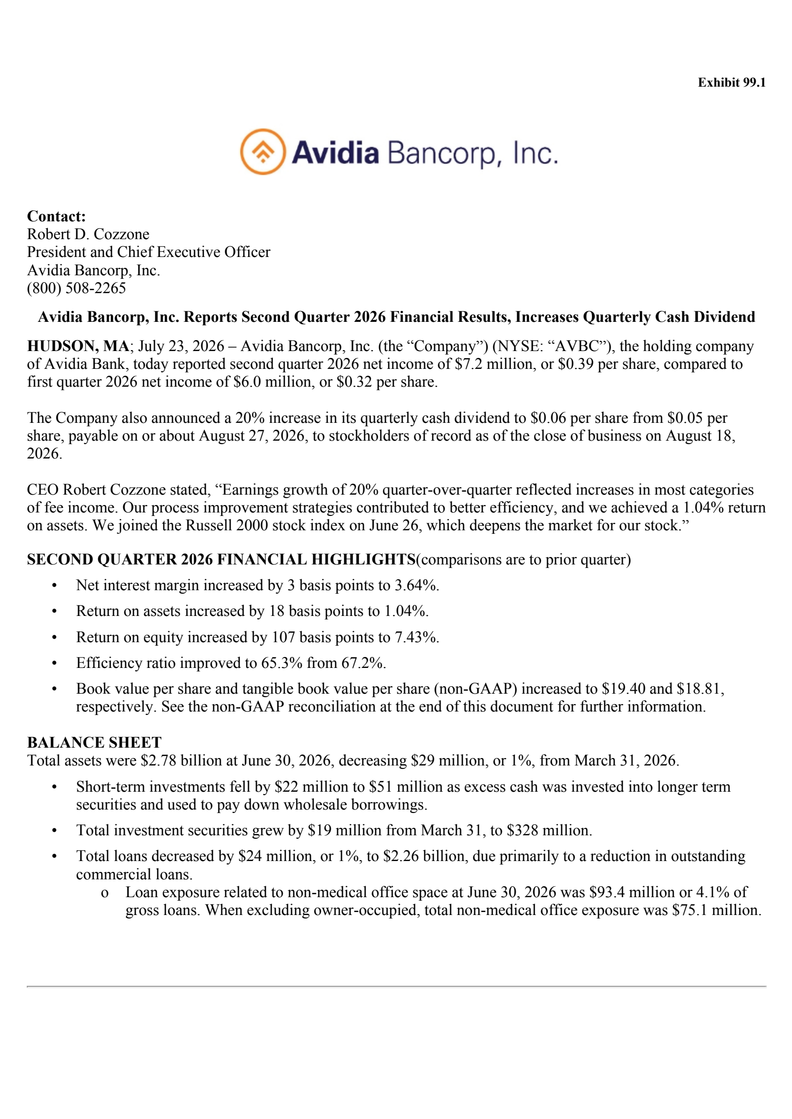 Avidia Bancorp's Q2 2026 Press Release