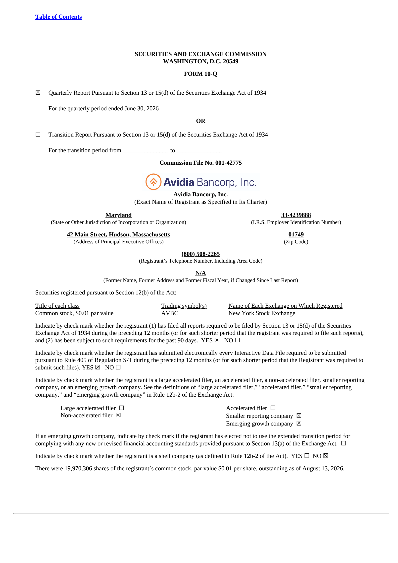 Avidia Bancorp's Q2 2026 Quarterly report