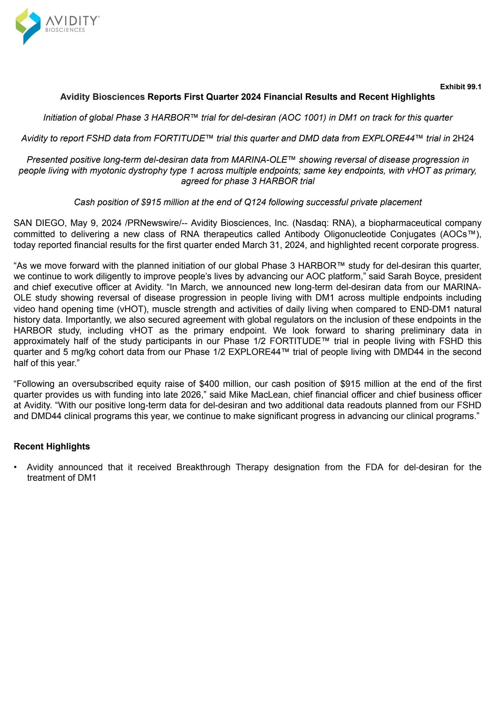 Avidity Biosciences' Q1 2024 Press Release