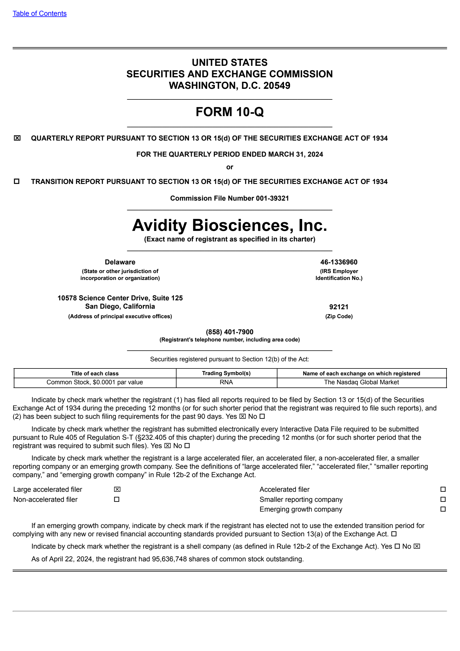 Avidity Biosciences' Q1 2024 Quarterly report