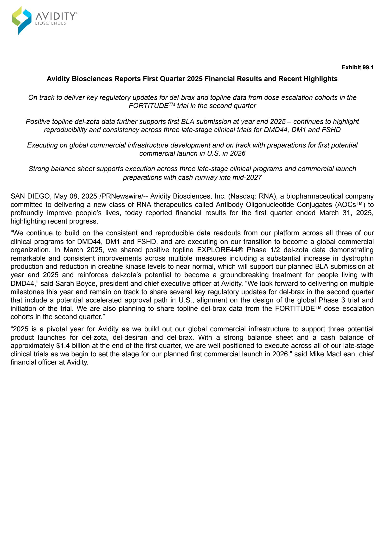 Avidity Biosciences' Q1 2025 Press Release
