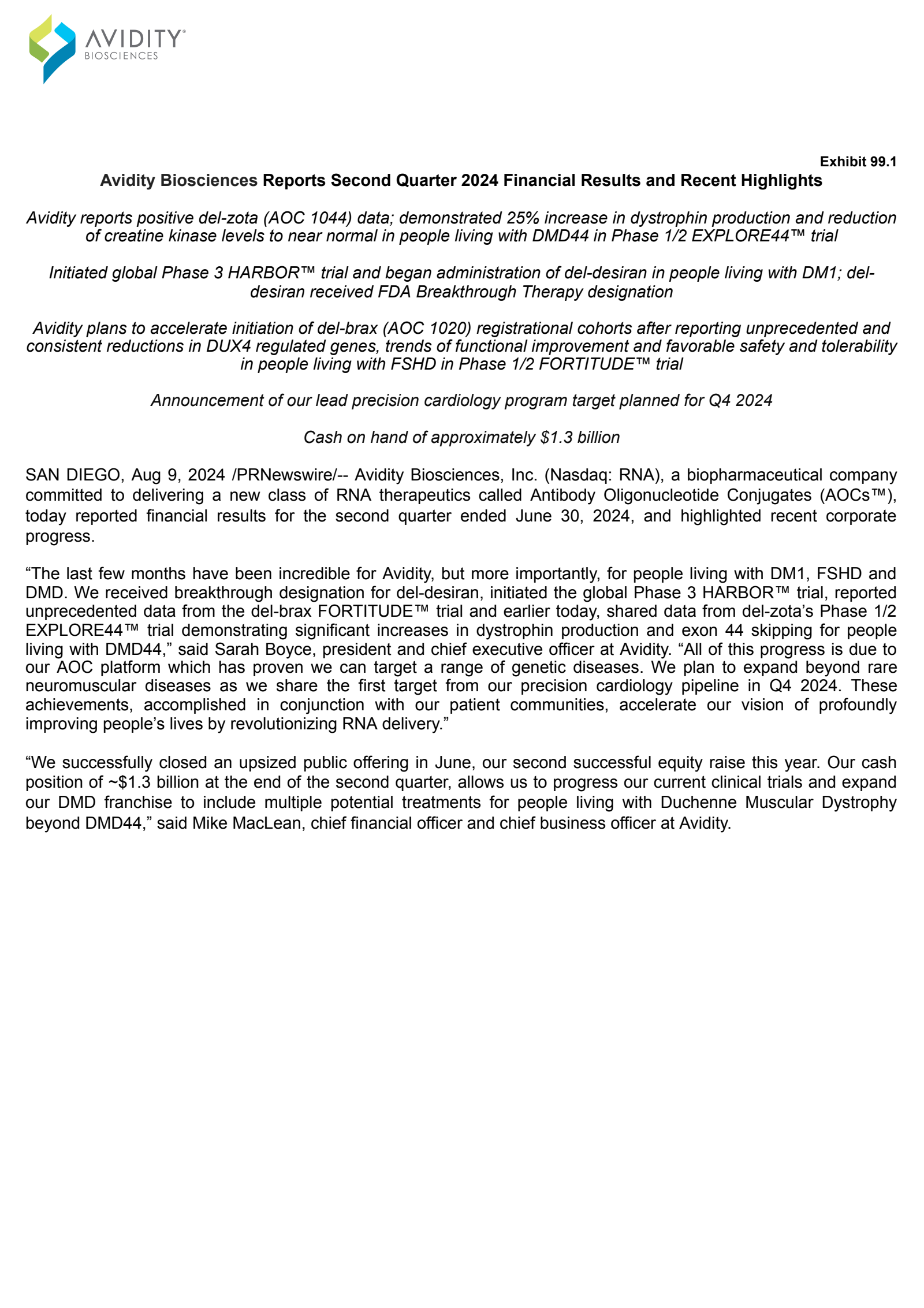 Avidity Biosciences' Q2 2024 Press Release