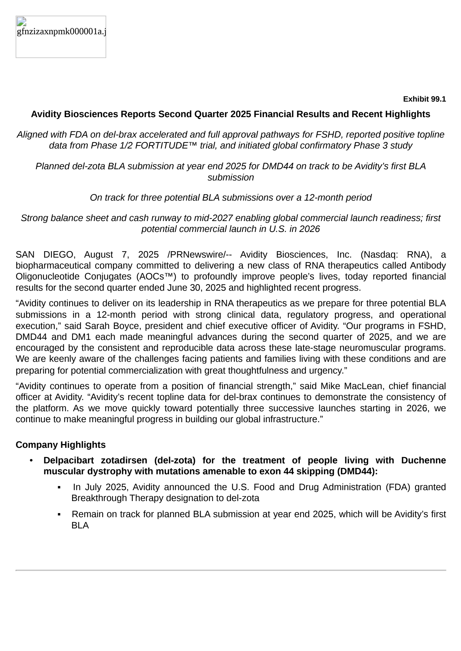 Avidity Biosciences' Q2 2025 Press Release