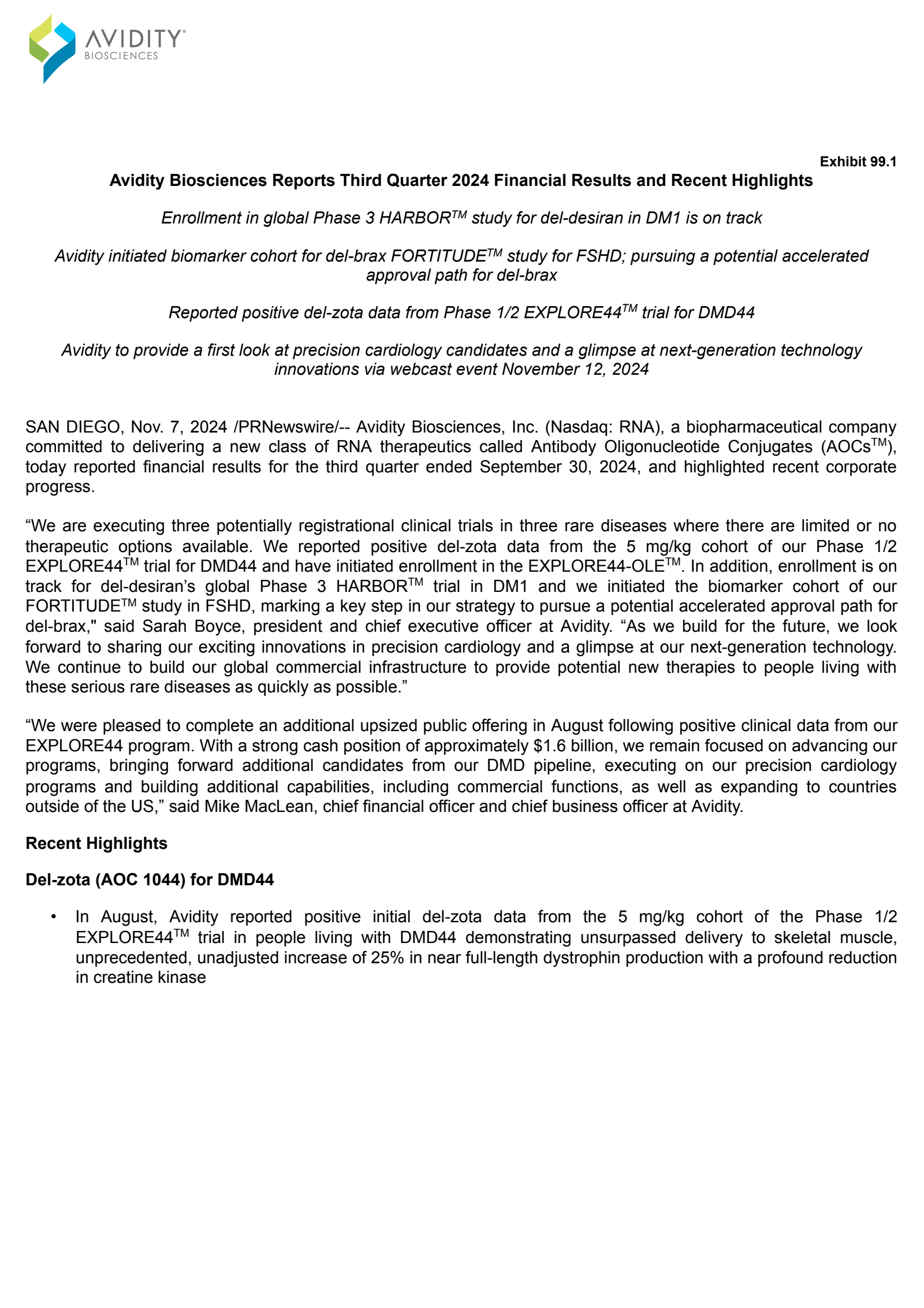 Avidity Biosciences' Q3 2024 Press Release