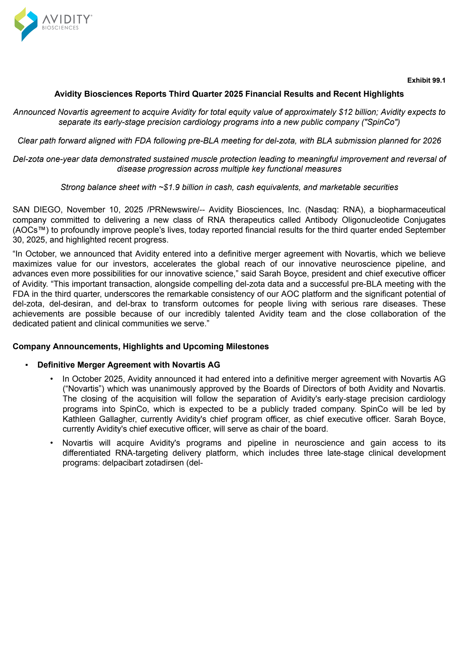 Avidity Biosciences' Q3 2025 Press Release