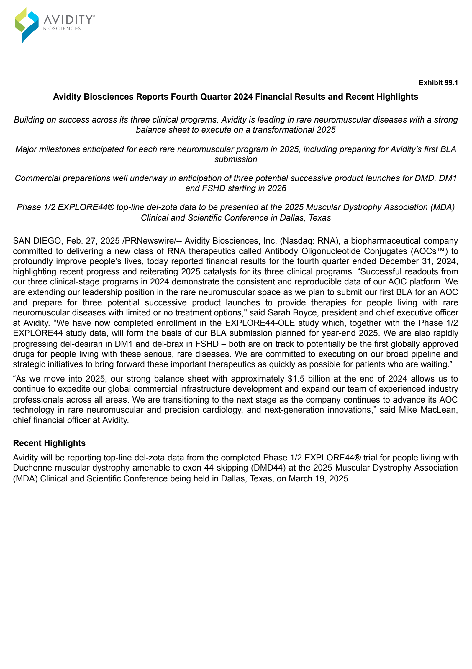 Avidity Biosciences' Q4 2024 Press Release