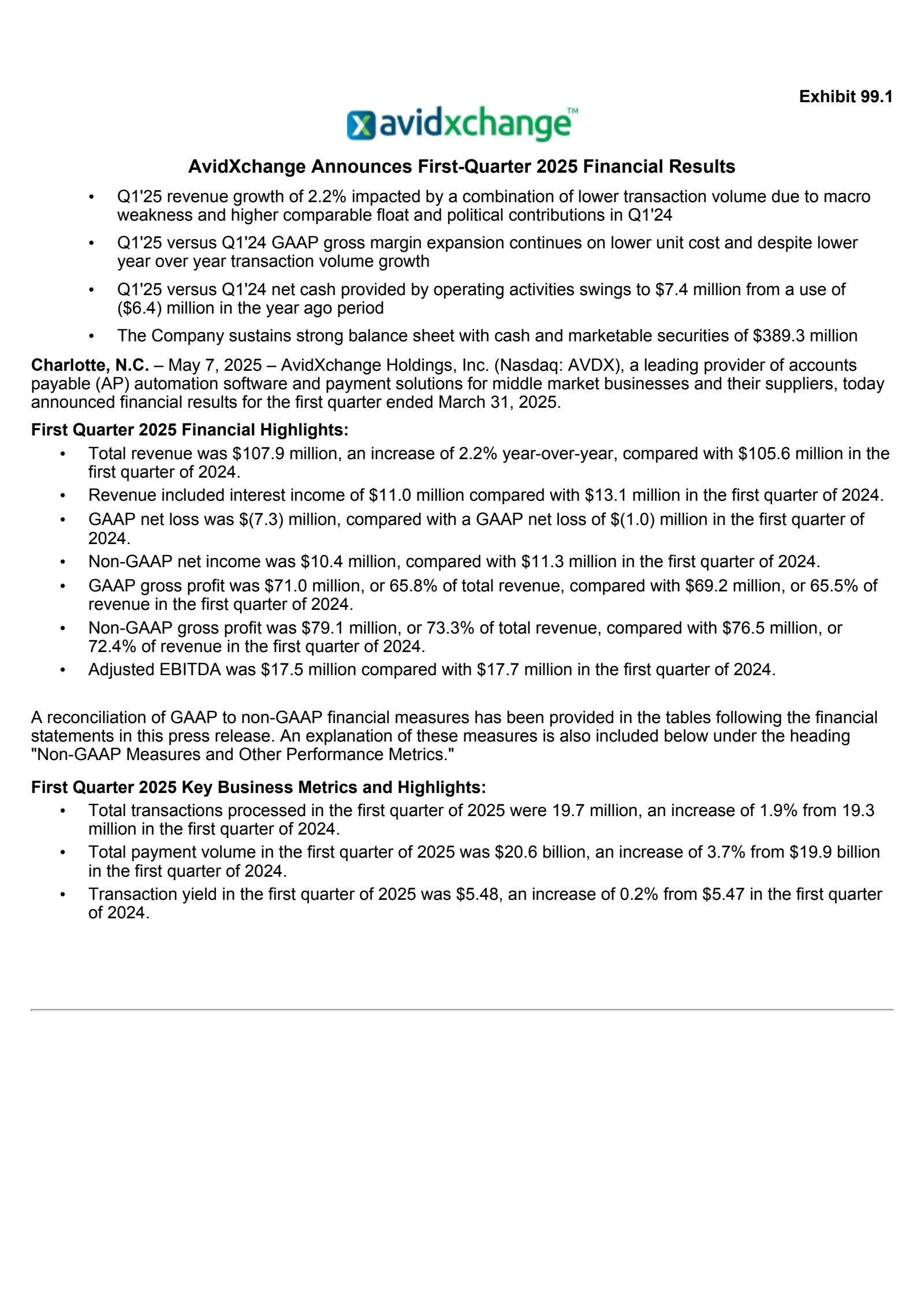 AvidXchange's Q1 2025 Press Release