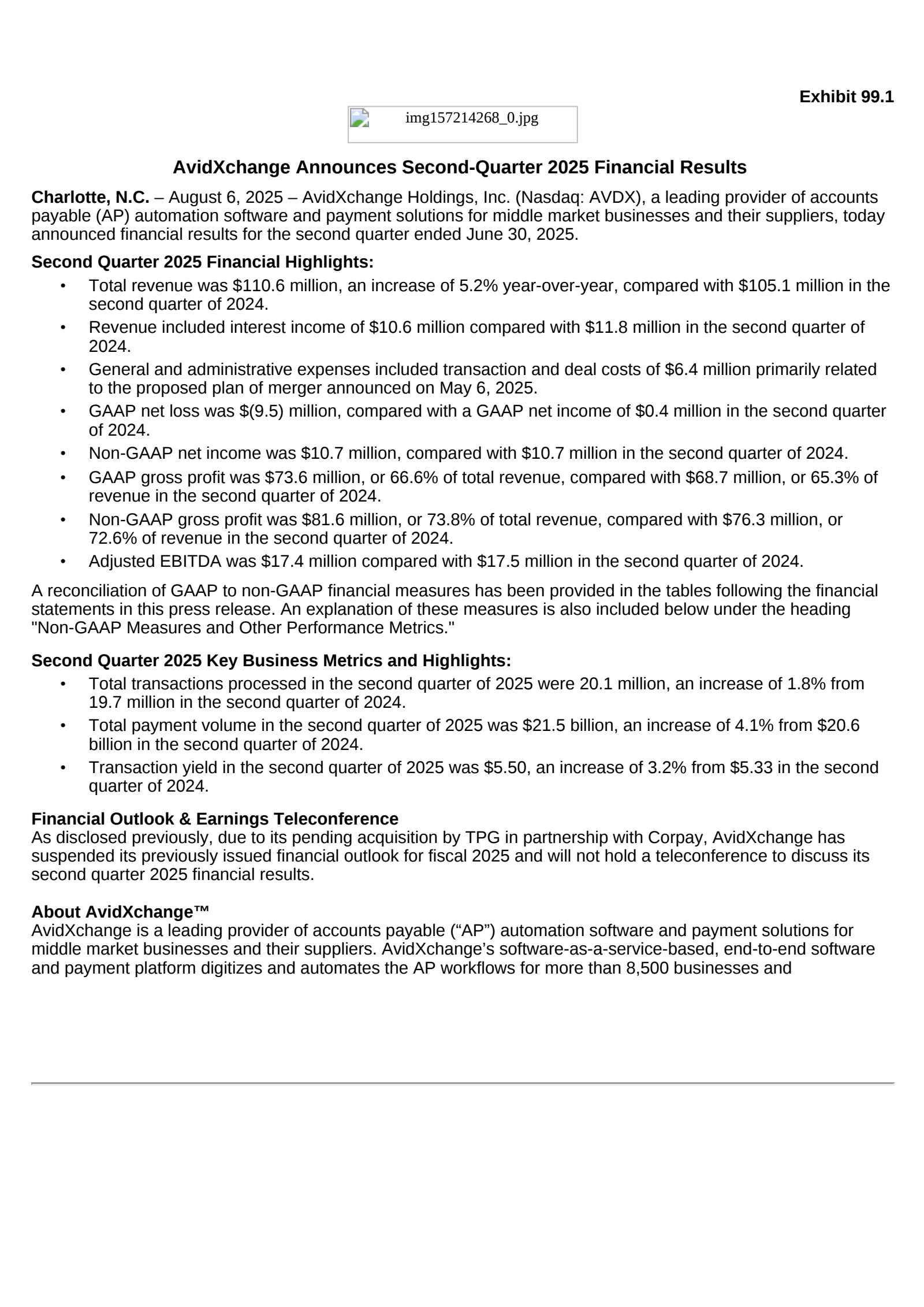 AvidXchange's Q2 2025 Press Release