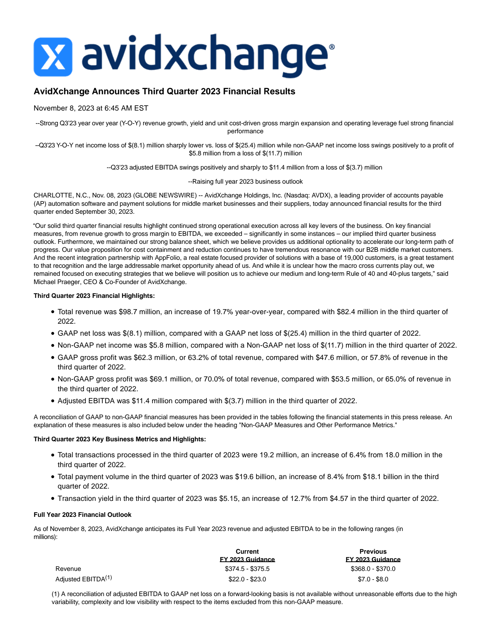 AvidXchange's Q3 2023 Press Release