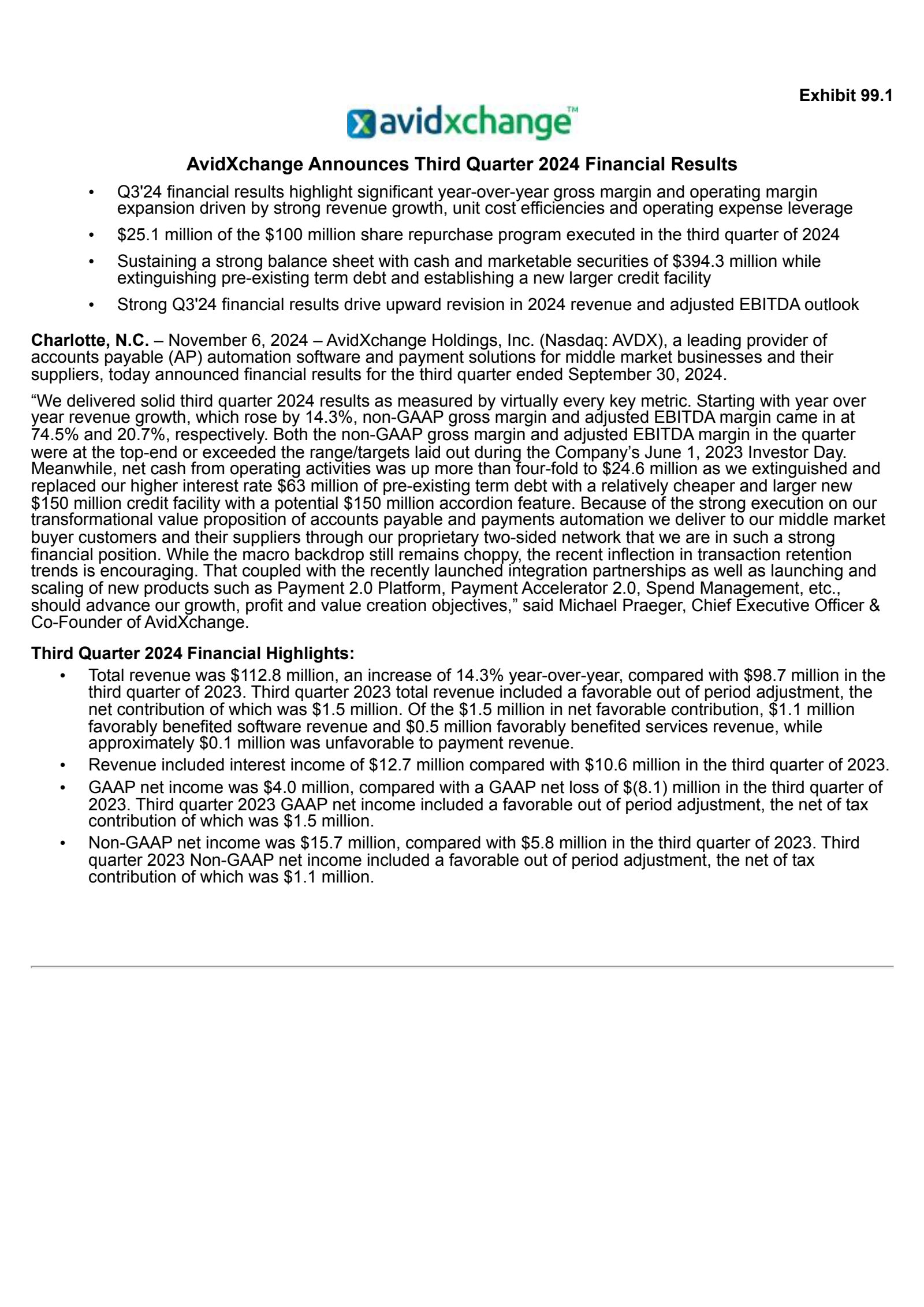 AvidXchange's Q3 2024 Press Release