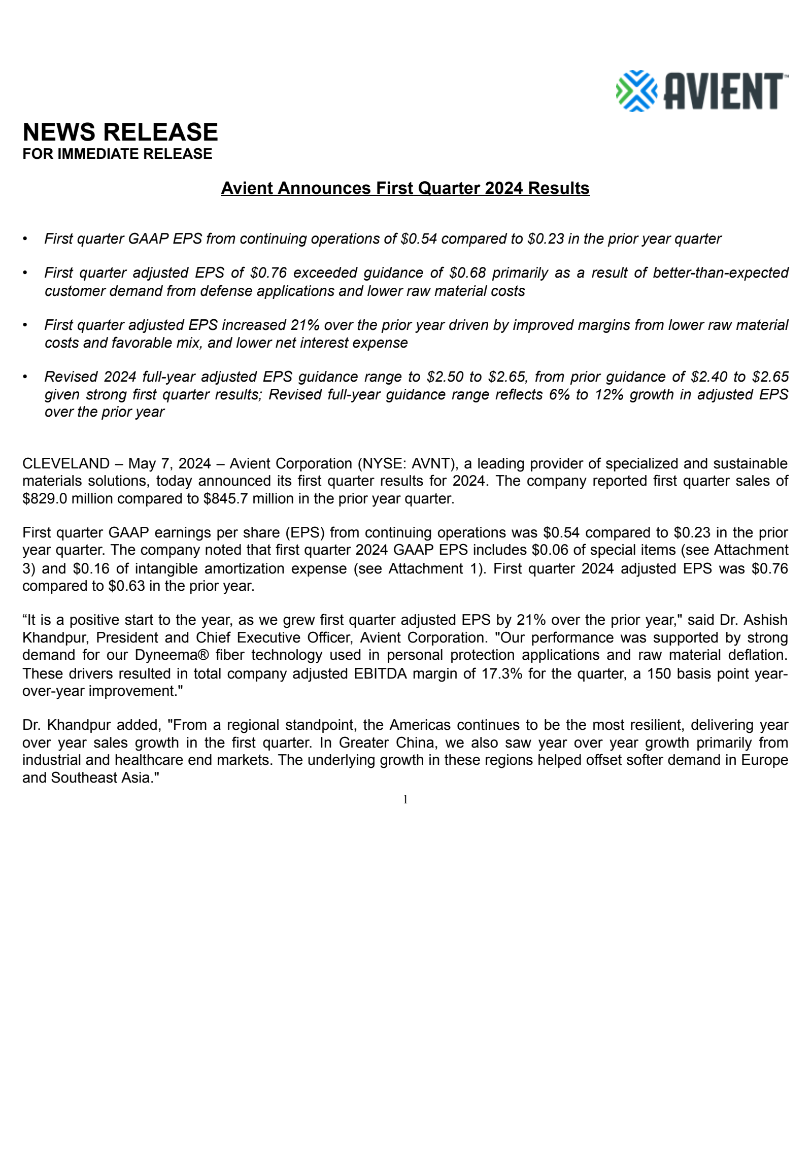 Avient's Q1 2024 Press Release