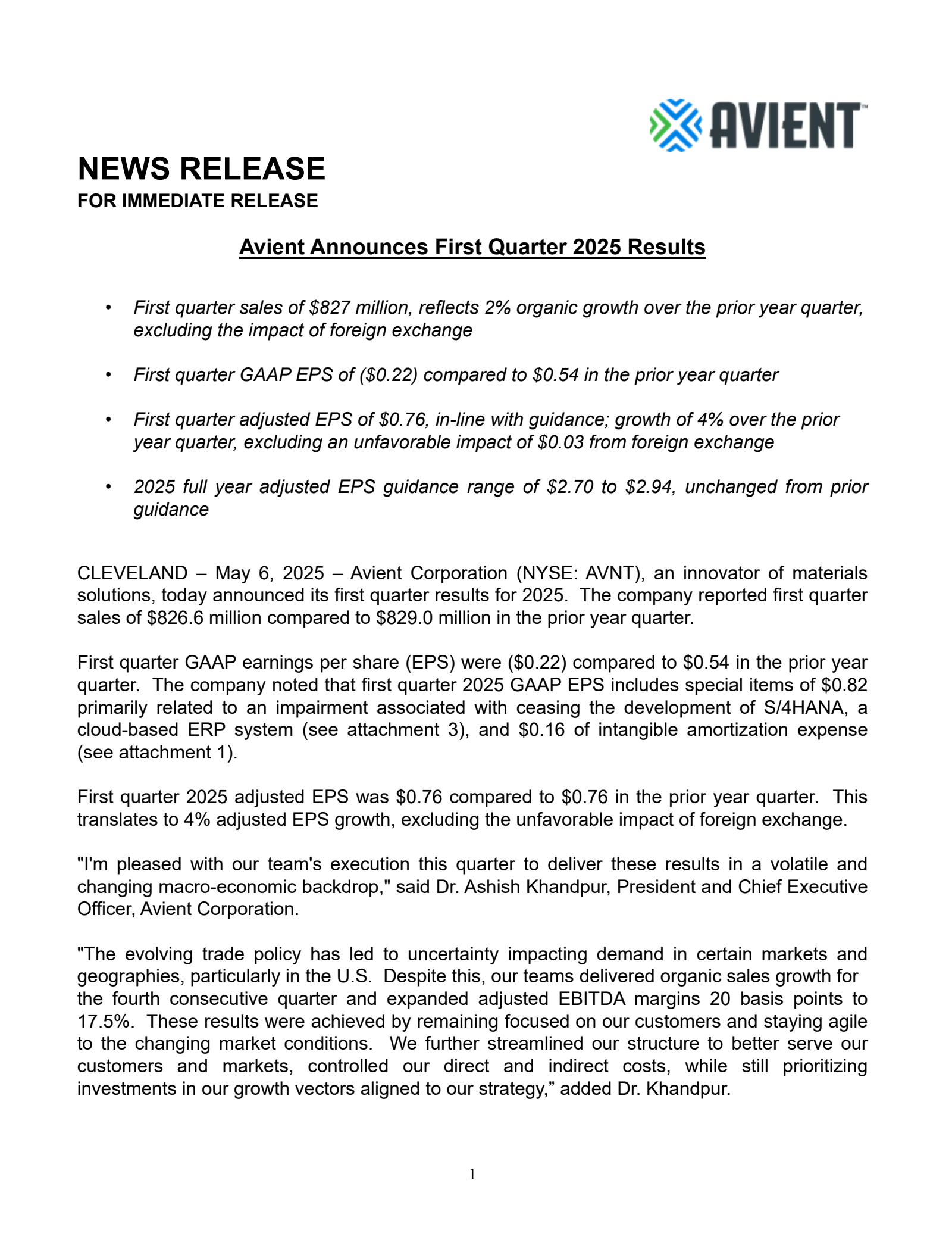 Avient's Q1 2025 Press Release