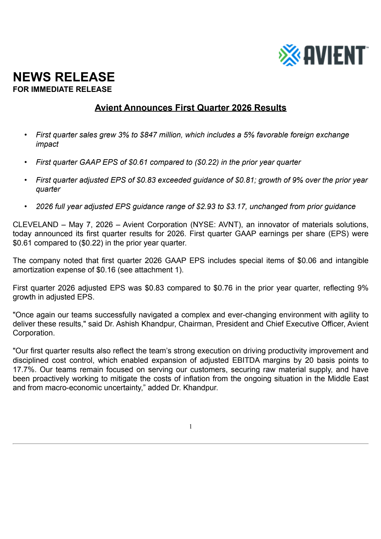 Avient's Q1 2026 Press Release