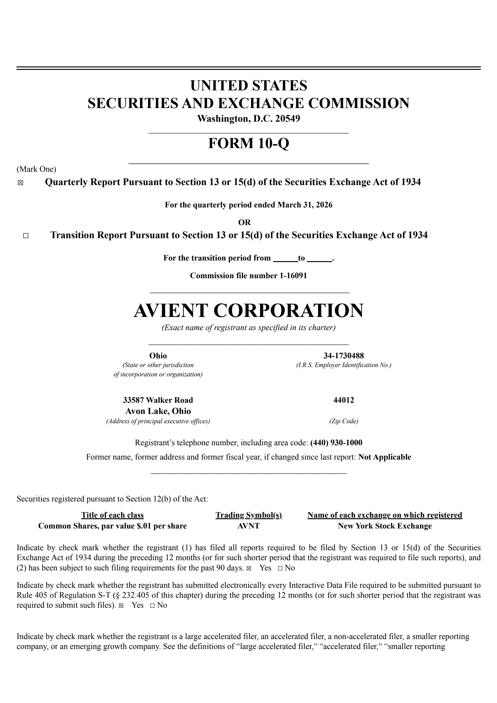 Avient's Q1 2026 Quarterly report