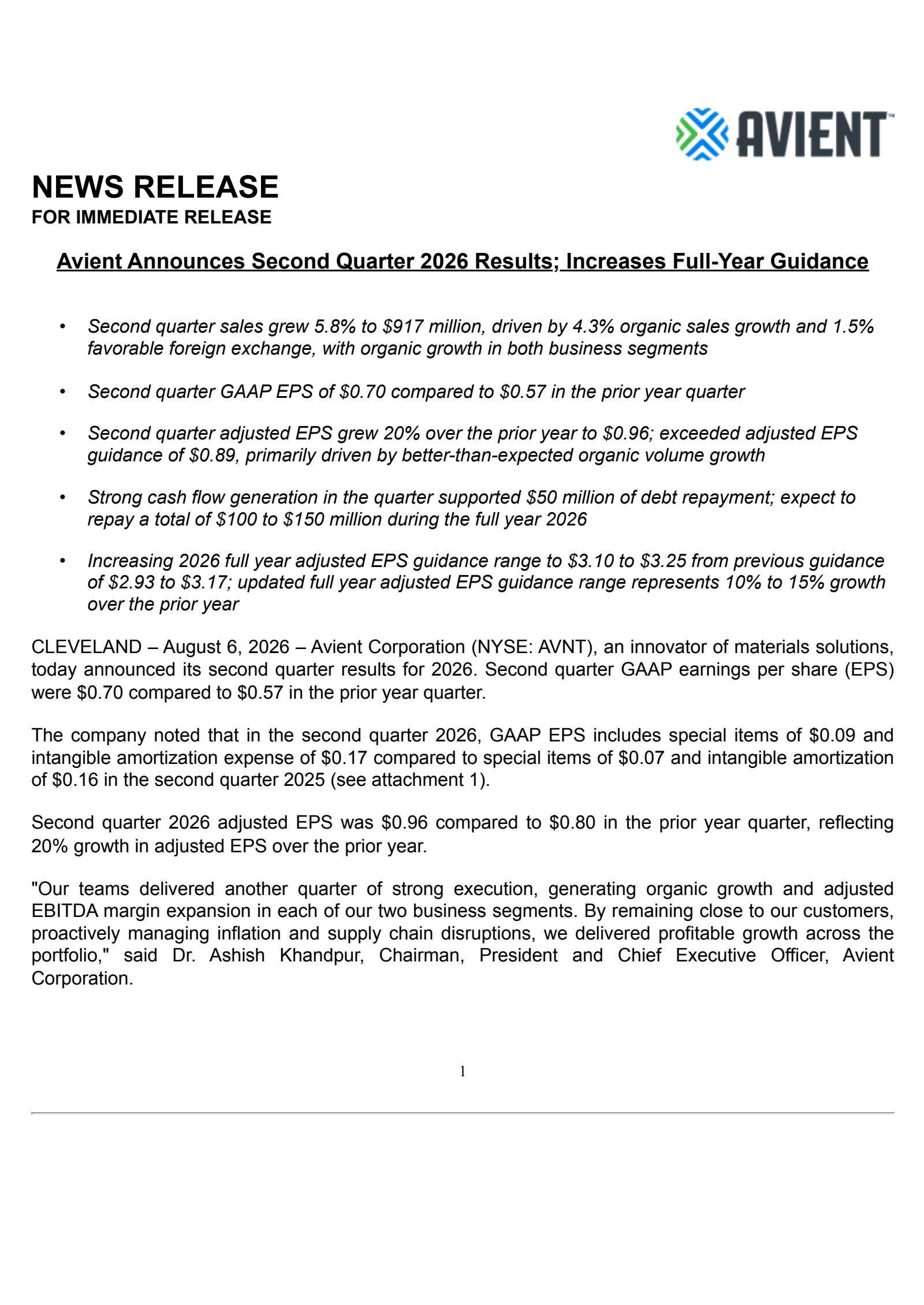 Avient's Q2 2026 Press Release