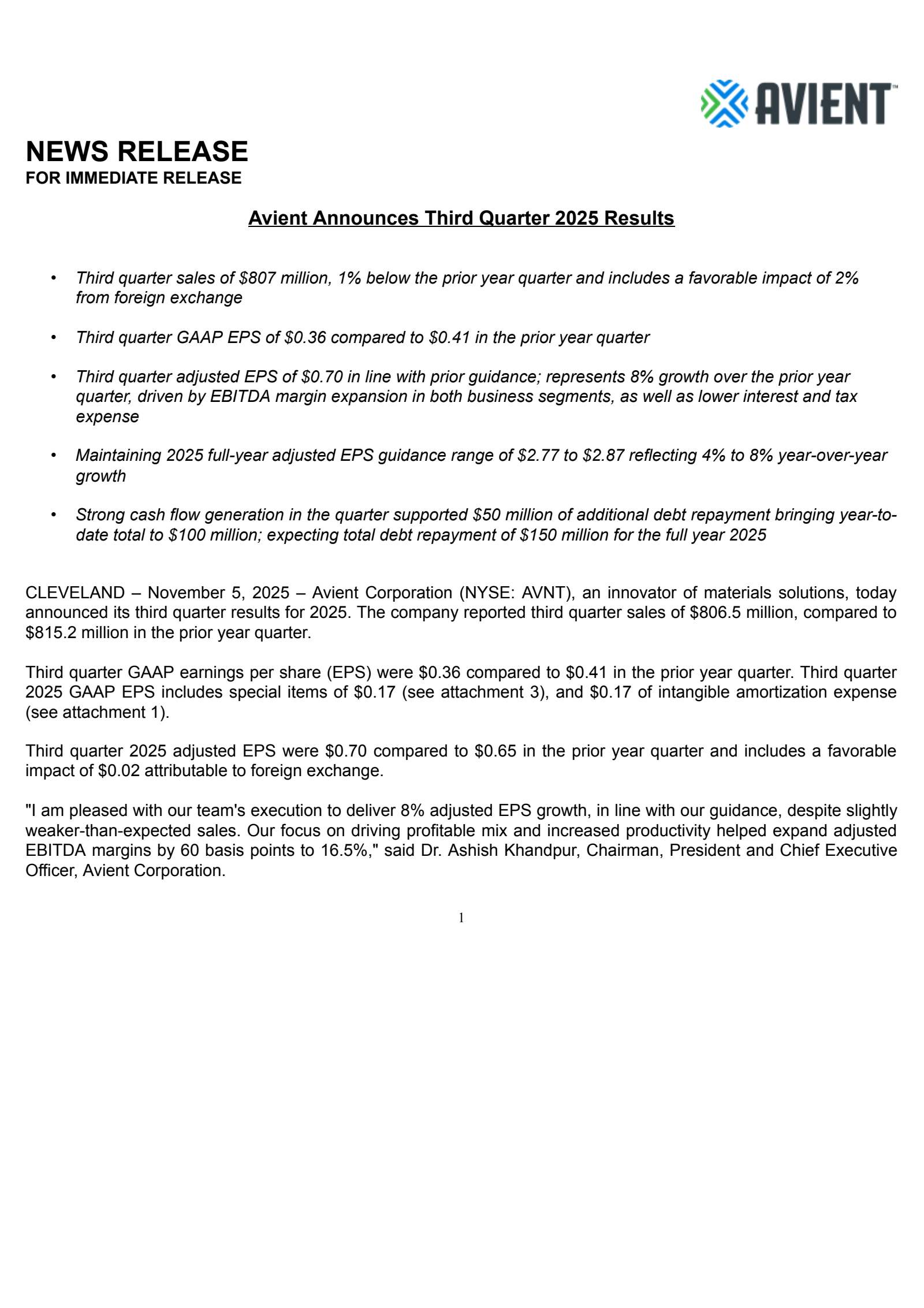 Avient's Q3 2025 Earnings Release