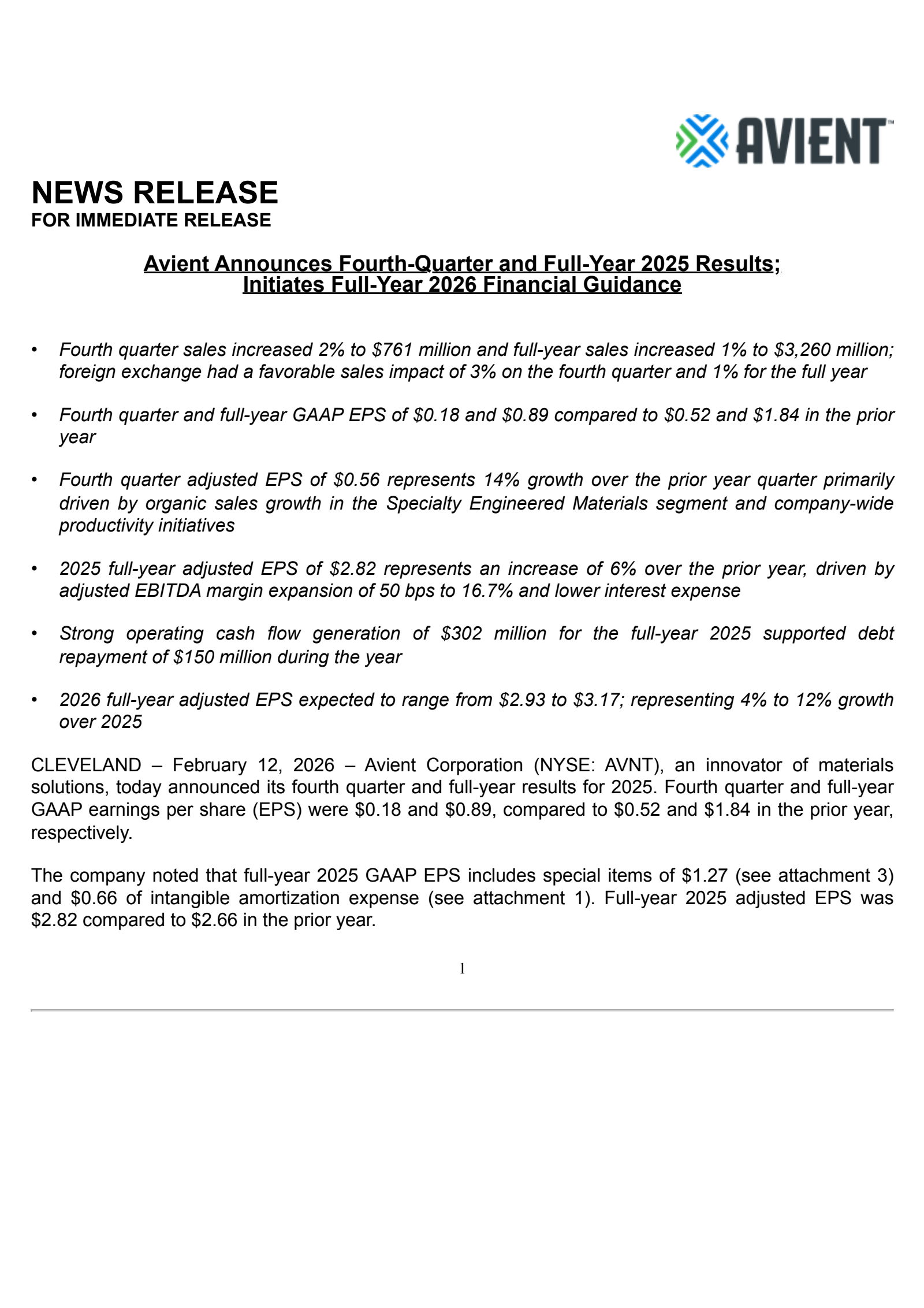 Avient's Q4 2025 Press Release