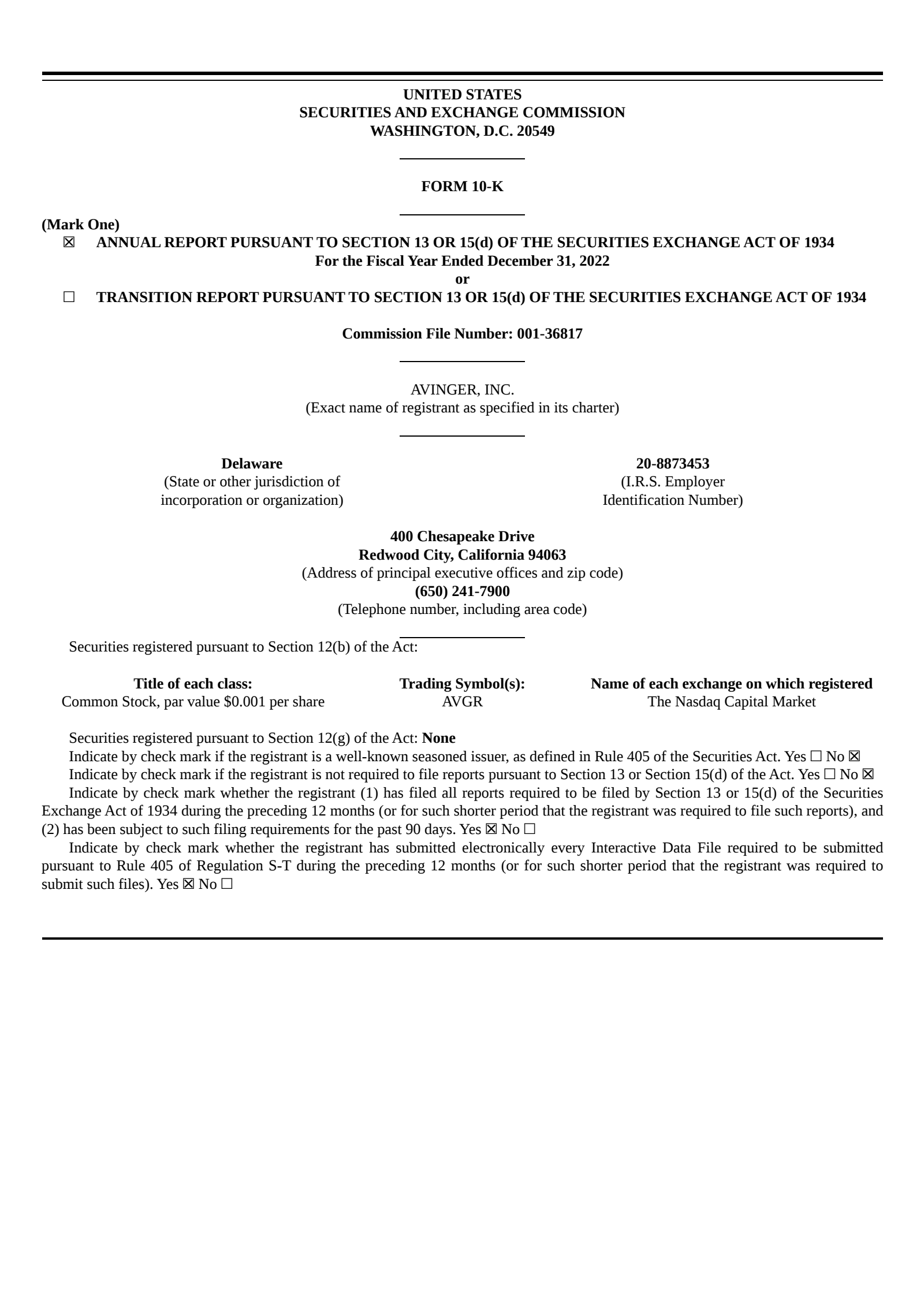 Avinger's Q4 2022 Annual report