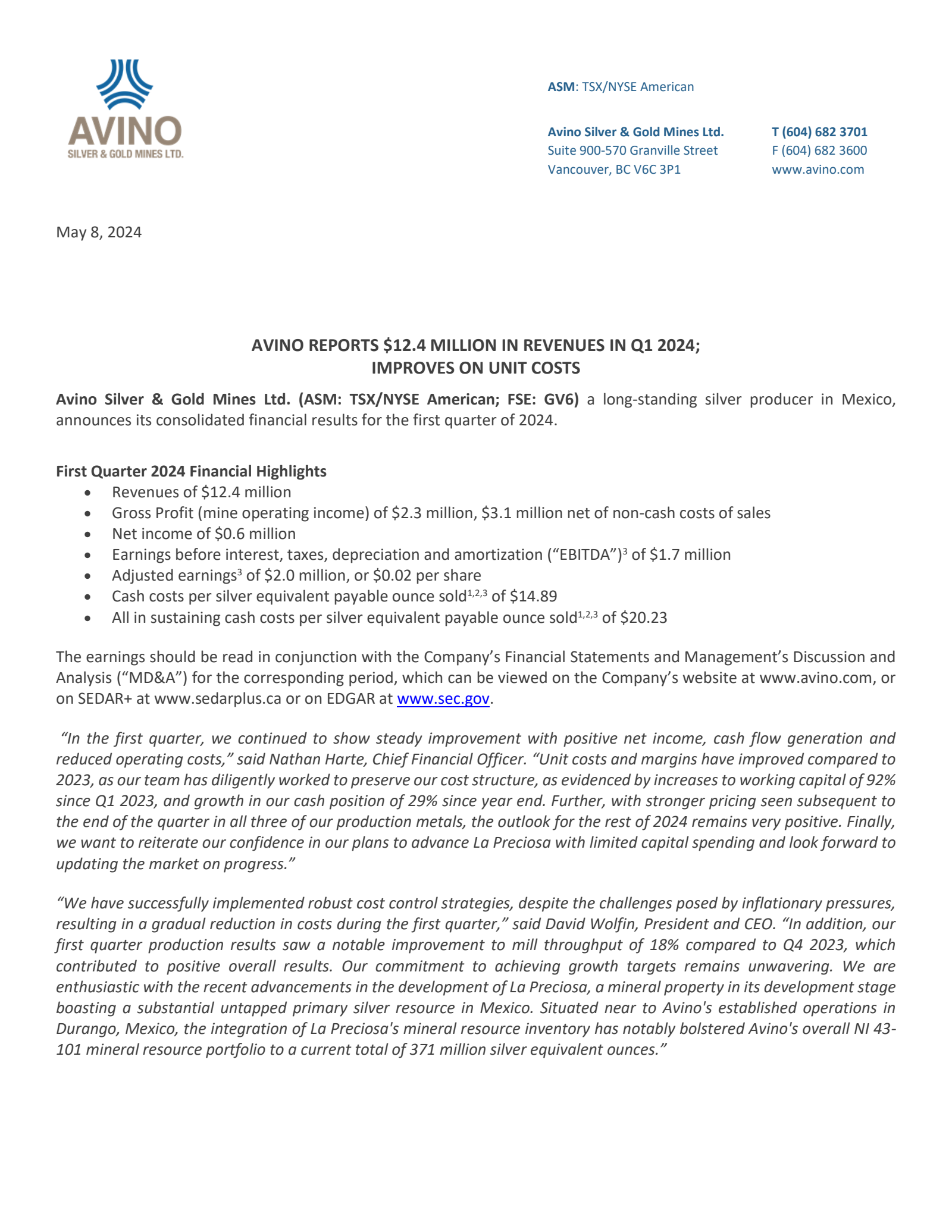 Avino Silver & Gold Mines' Q1 2024 Press Release