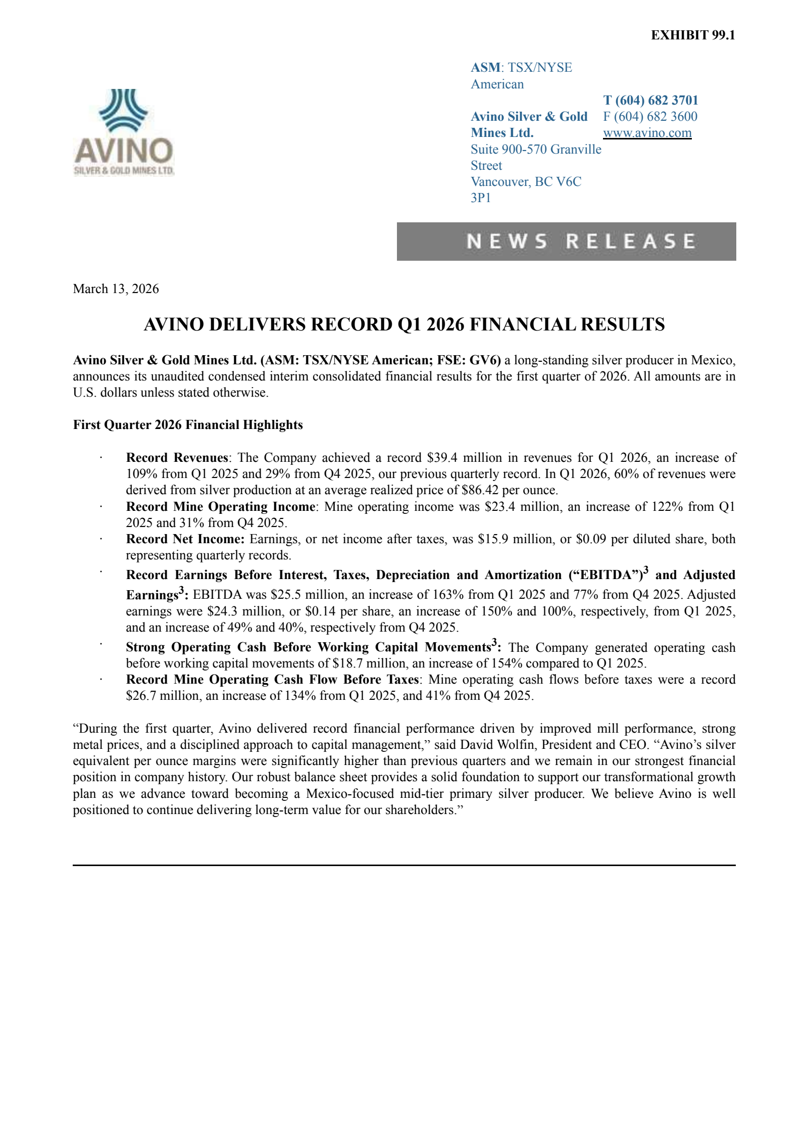 Avino Silver & Gold Mines' Q1 2026 Press Release