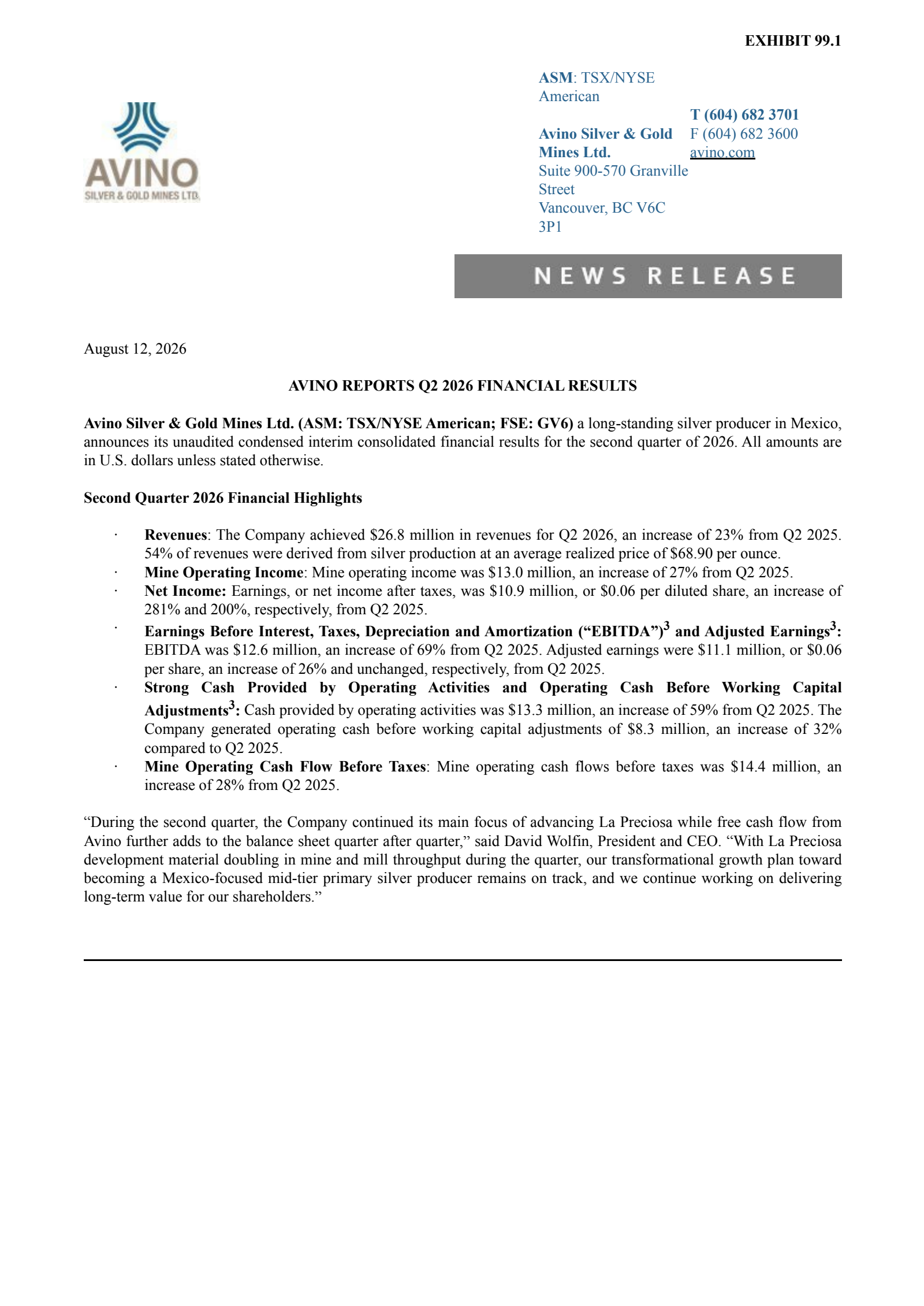 Avino Silver & Gold Mines' Q2 2026 Press Release
