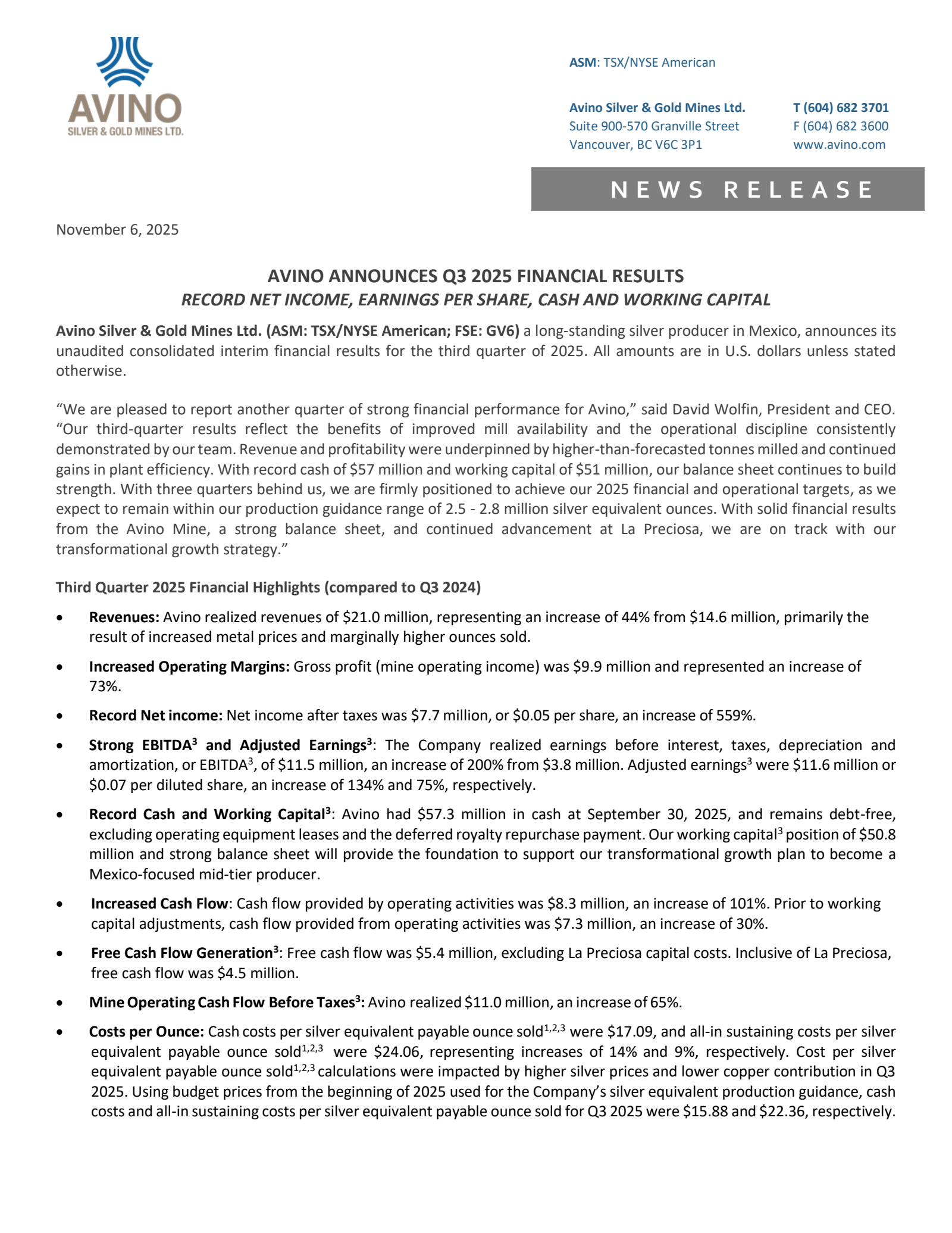 Avino Silver & Gold Mines' Q3 2025 Earnings Release