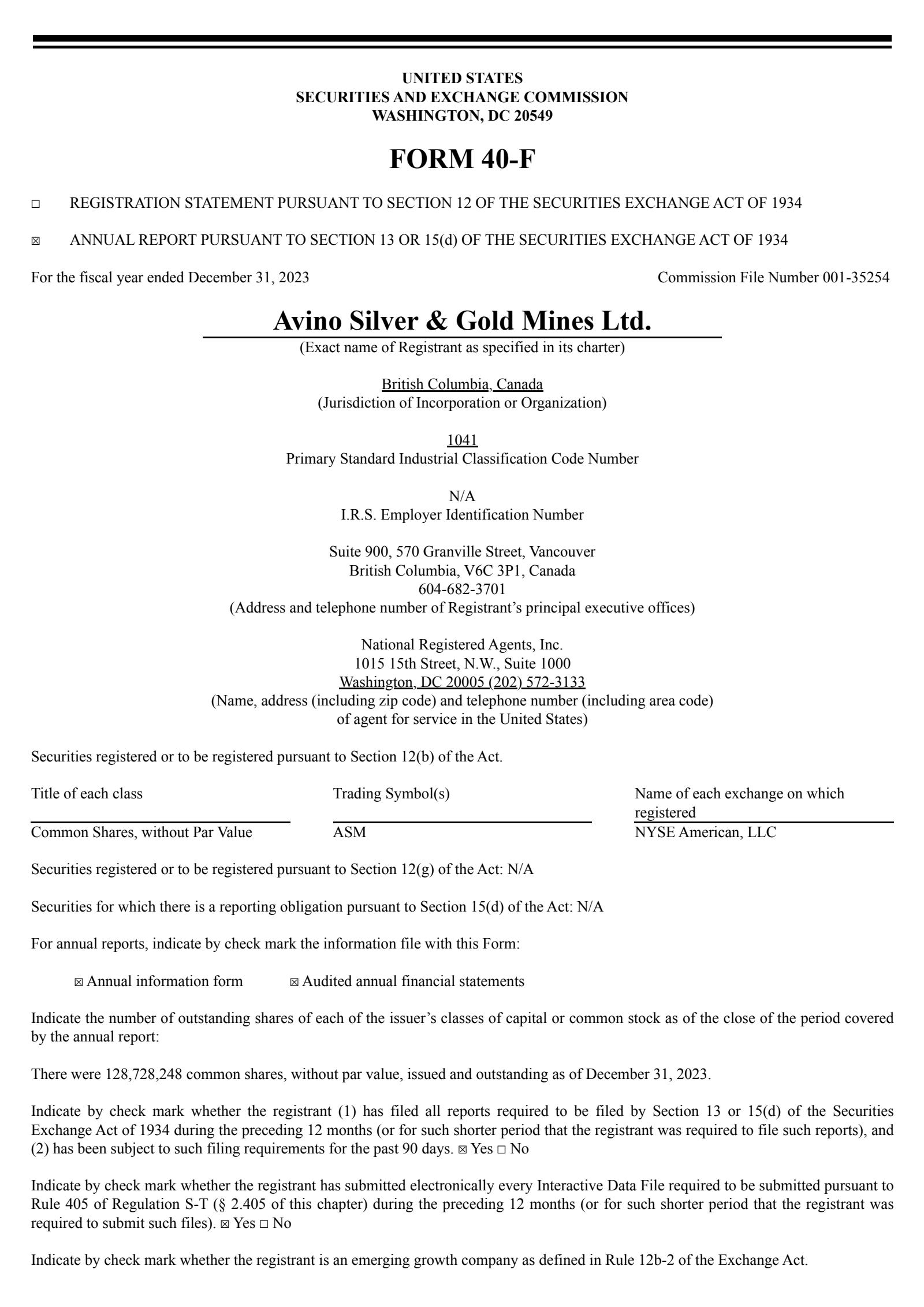 Avino Silver & Gold Mines' Q4 2023 Annual Report