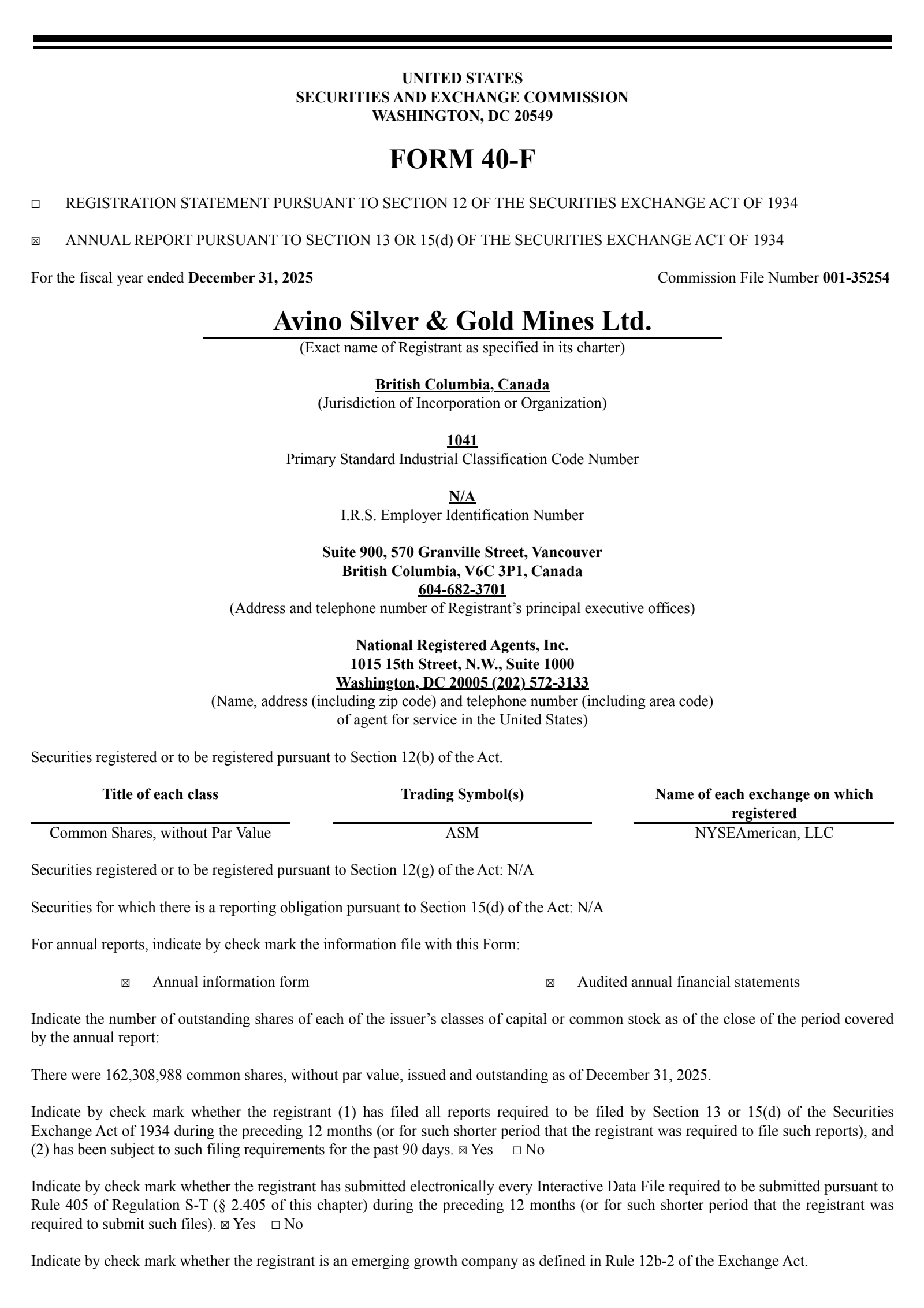 Avino Silver & Gold Mines' Q4 2025 Annual report