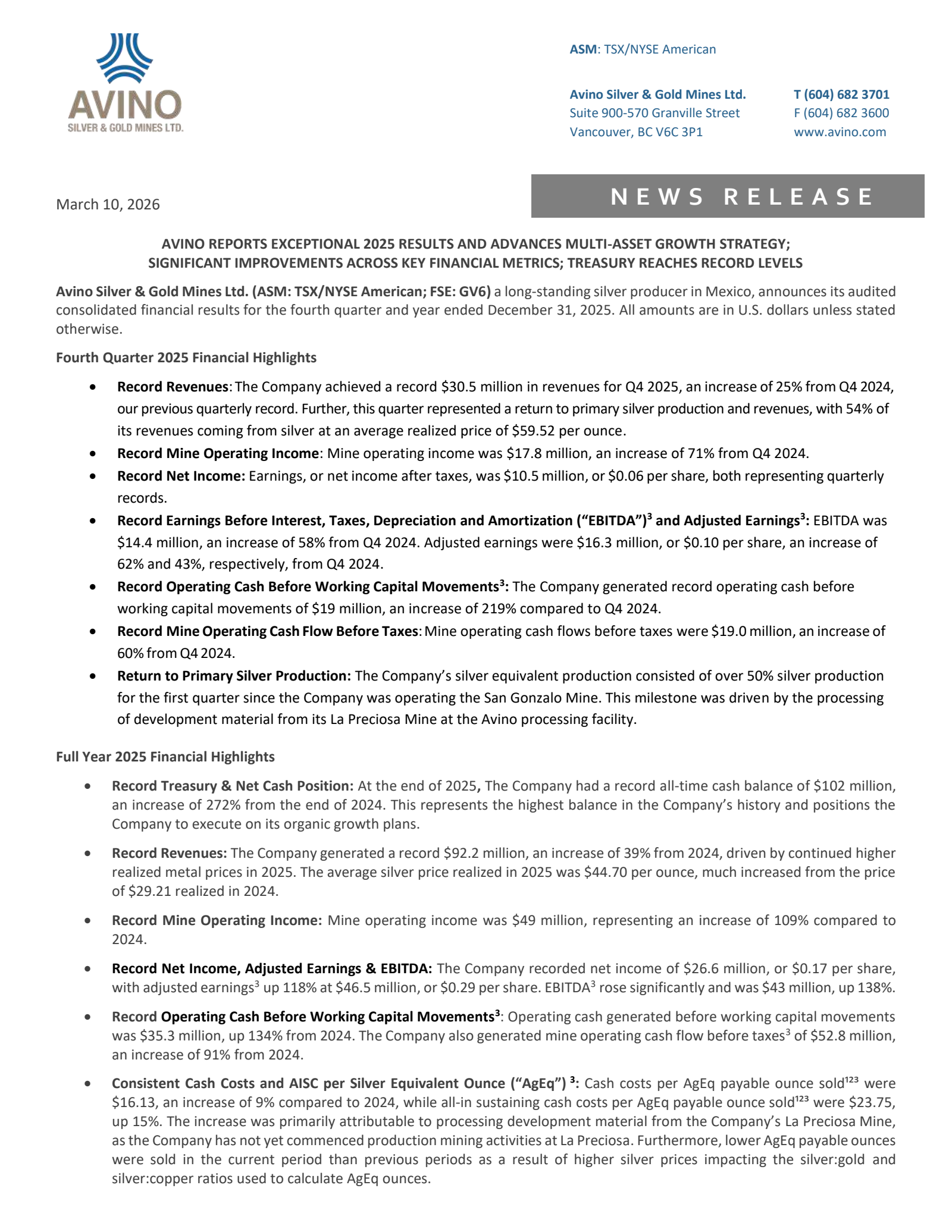 Avino Silver & Gold Mines' Q4 2025 Press Release