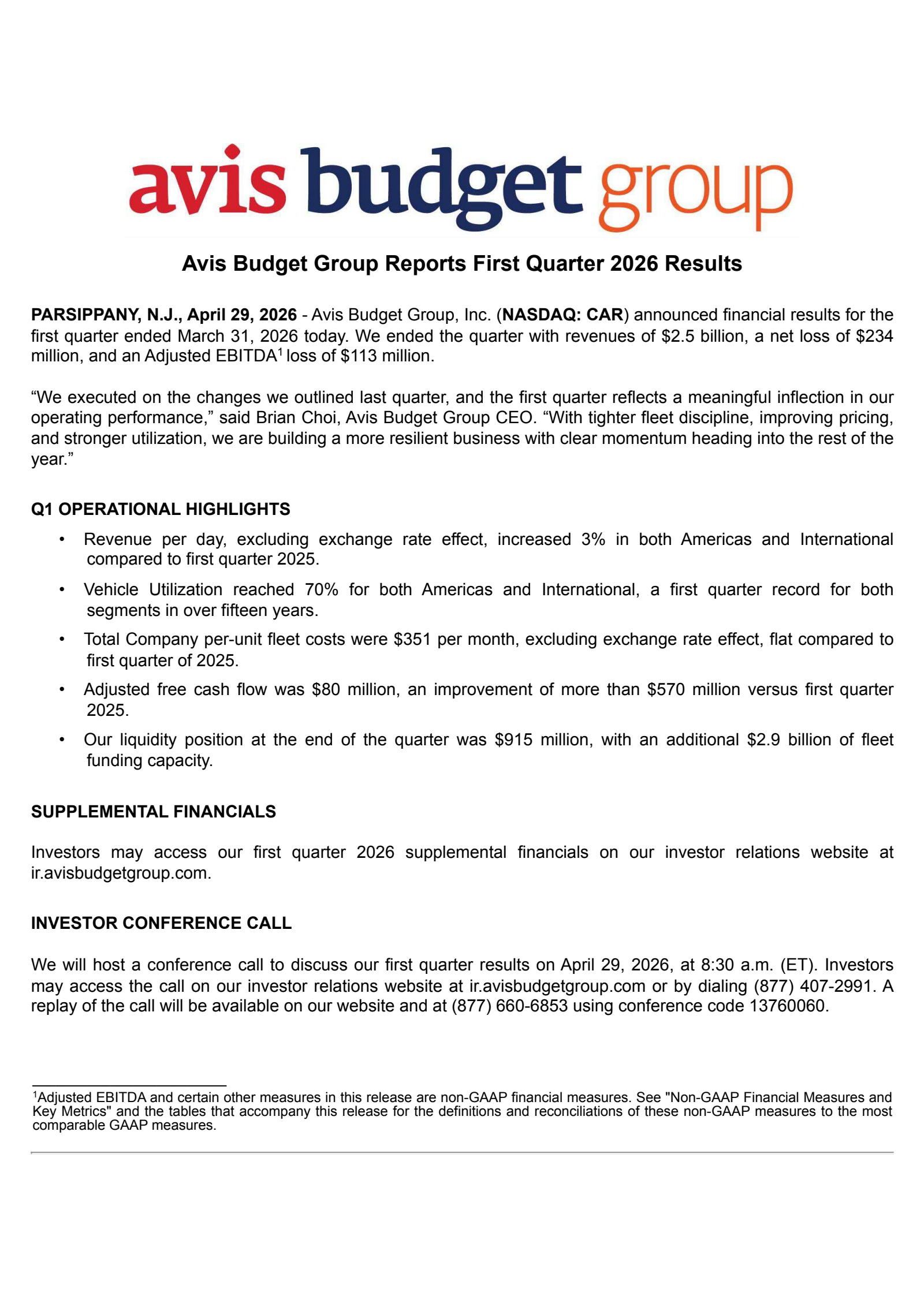 Avis Budget Group's Q1 2026 Press Release