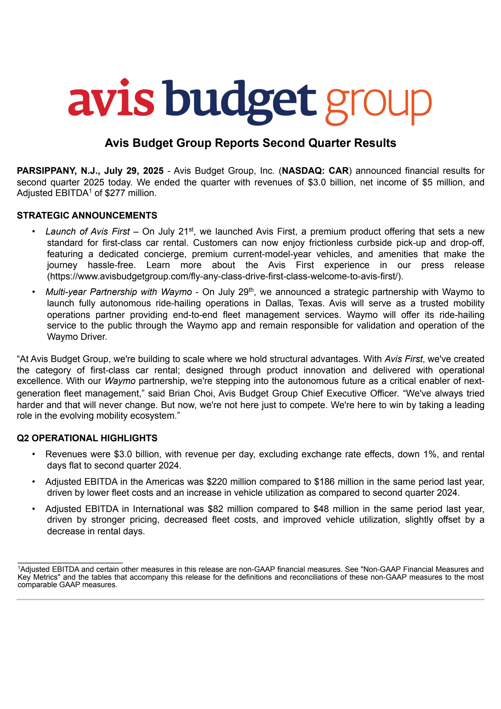 Avis Budget Group's Q2 2025 Press Release