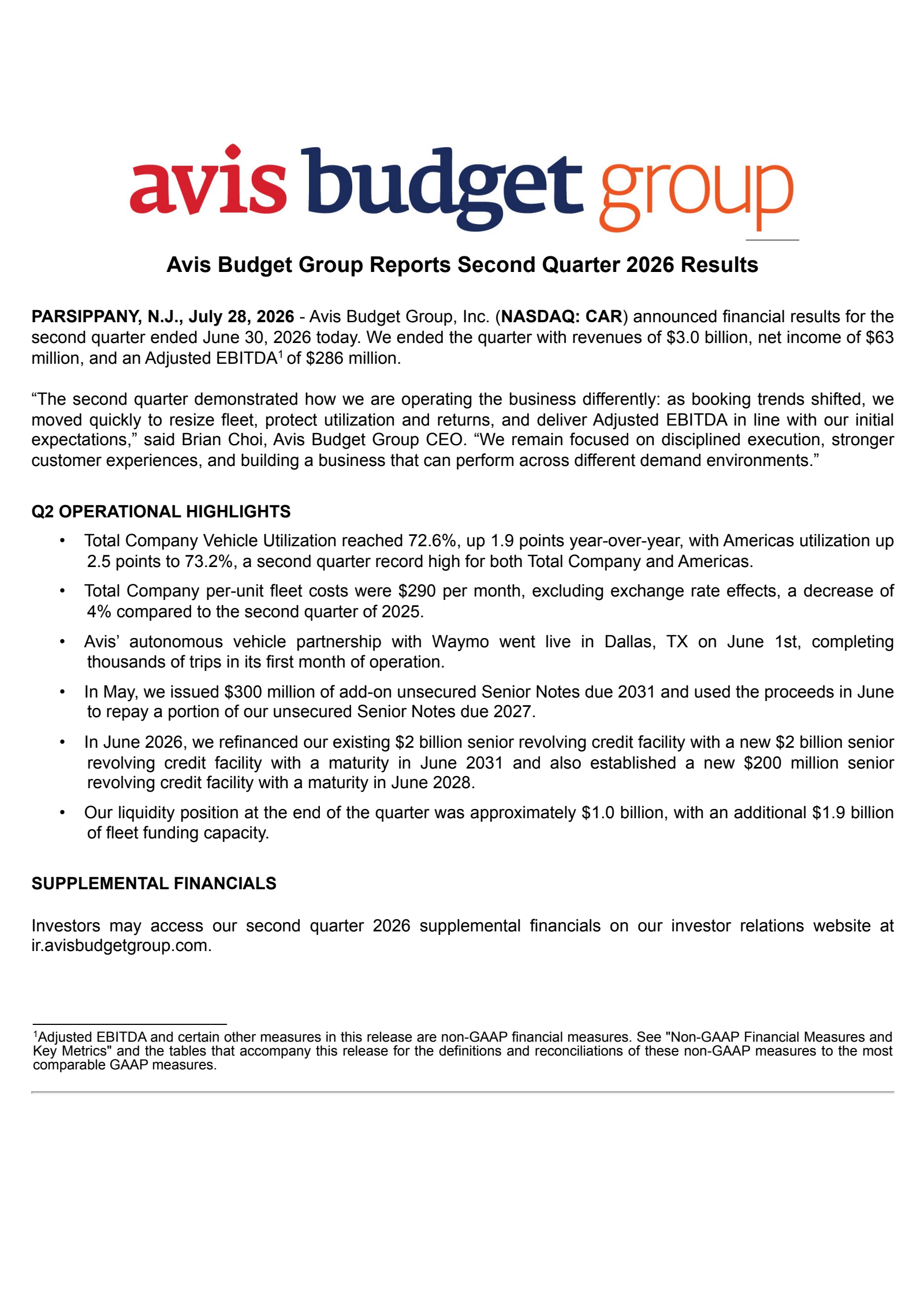 Avis Budget Group's Q2 2026 Press Release