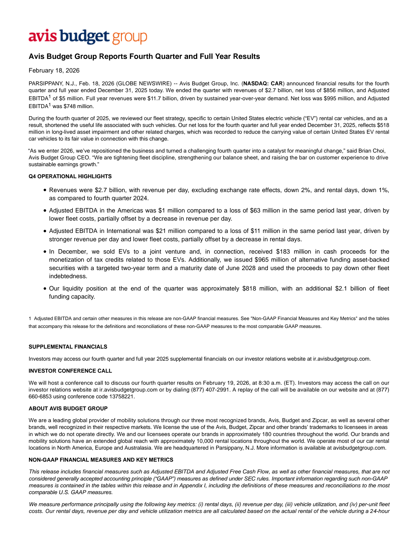 Avis Budget Group's Q4 2025 Press Release