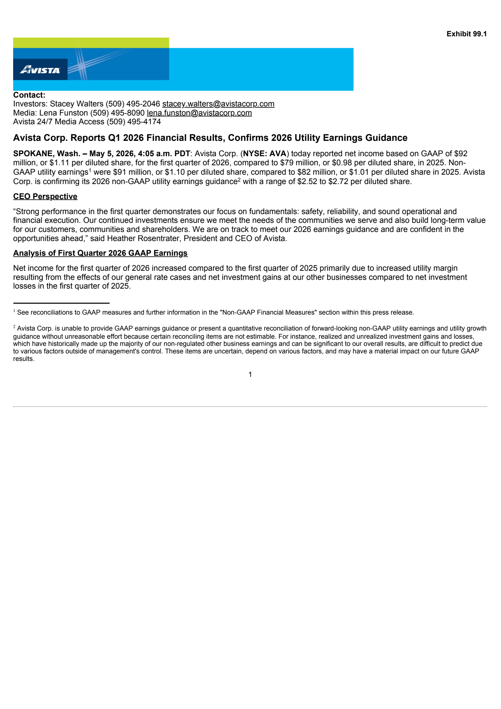 Avista's Q1 2026 Press Release