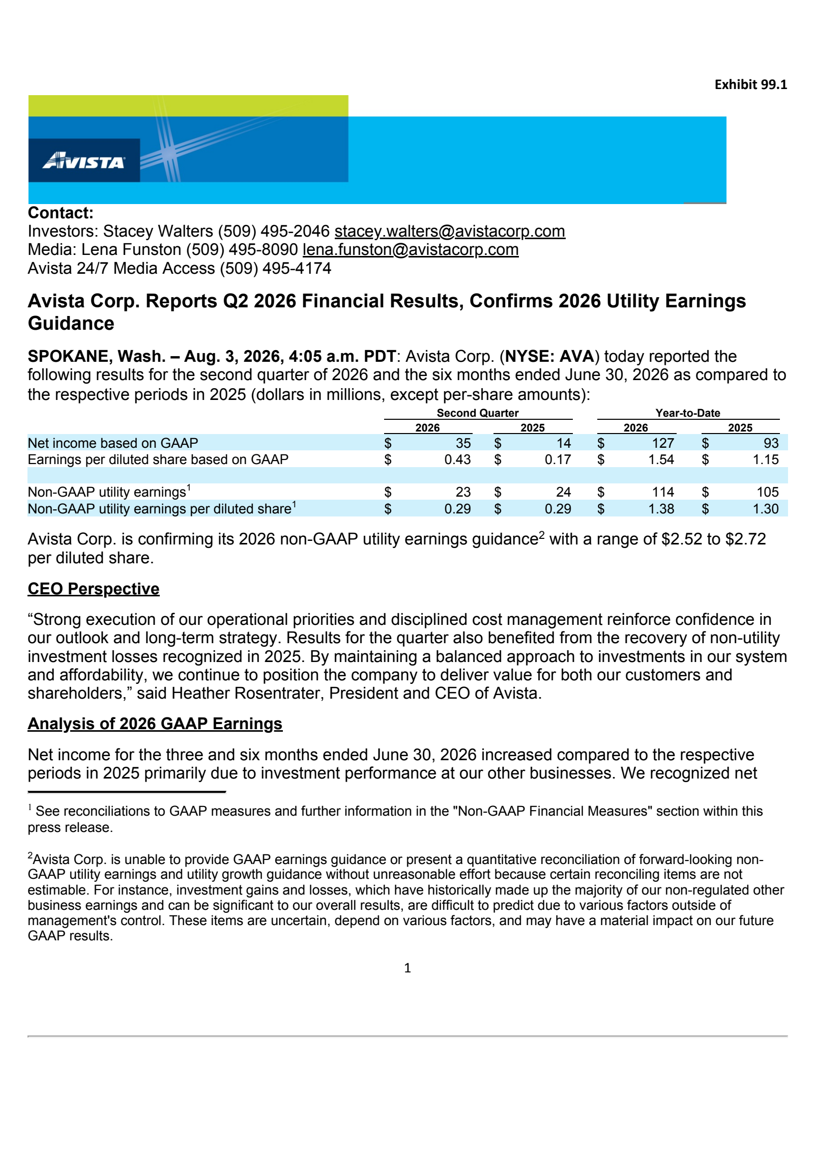 Avista's Q2 2026 Press Release