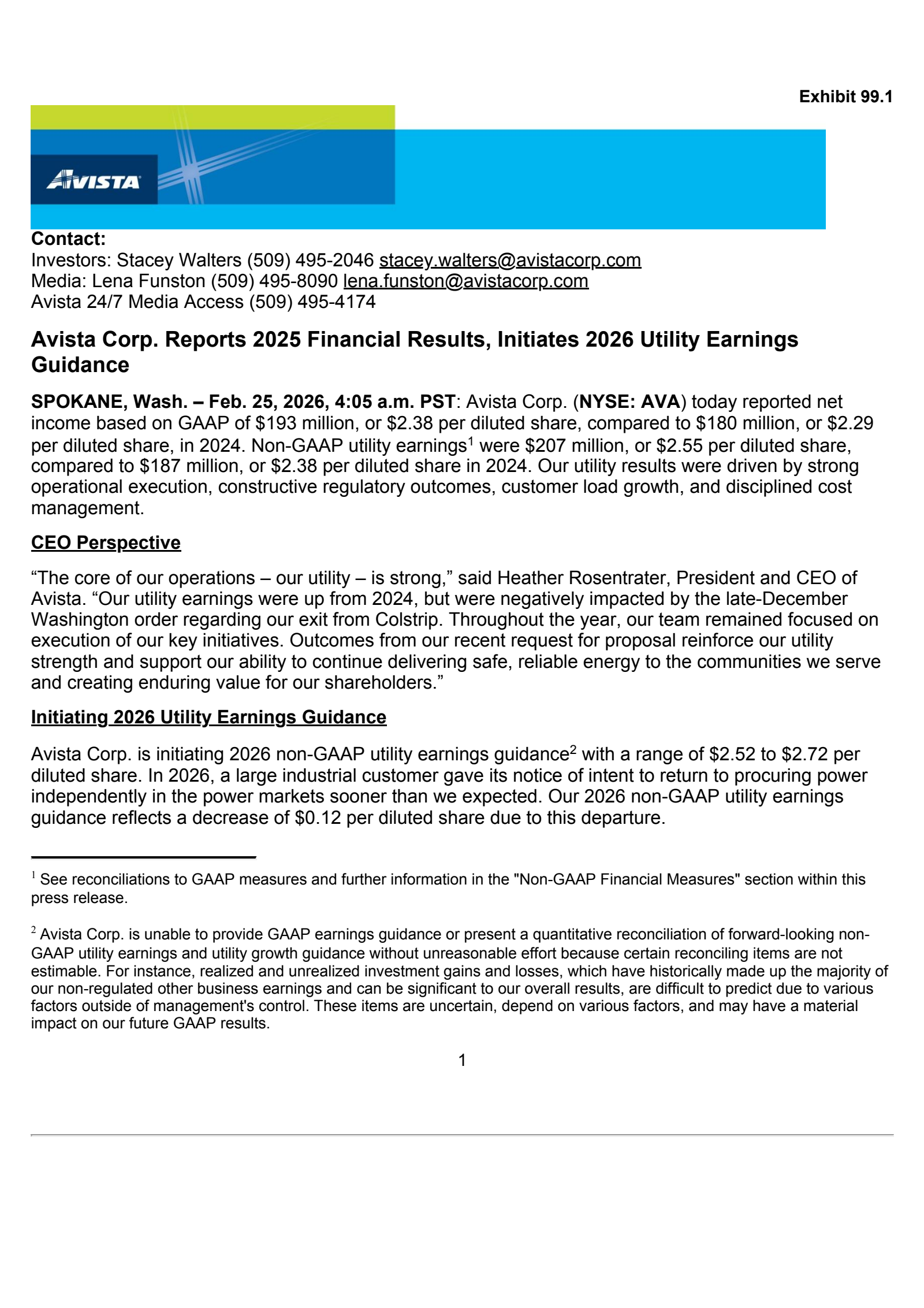 Avista's Q4 2025 Press Release