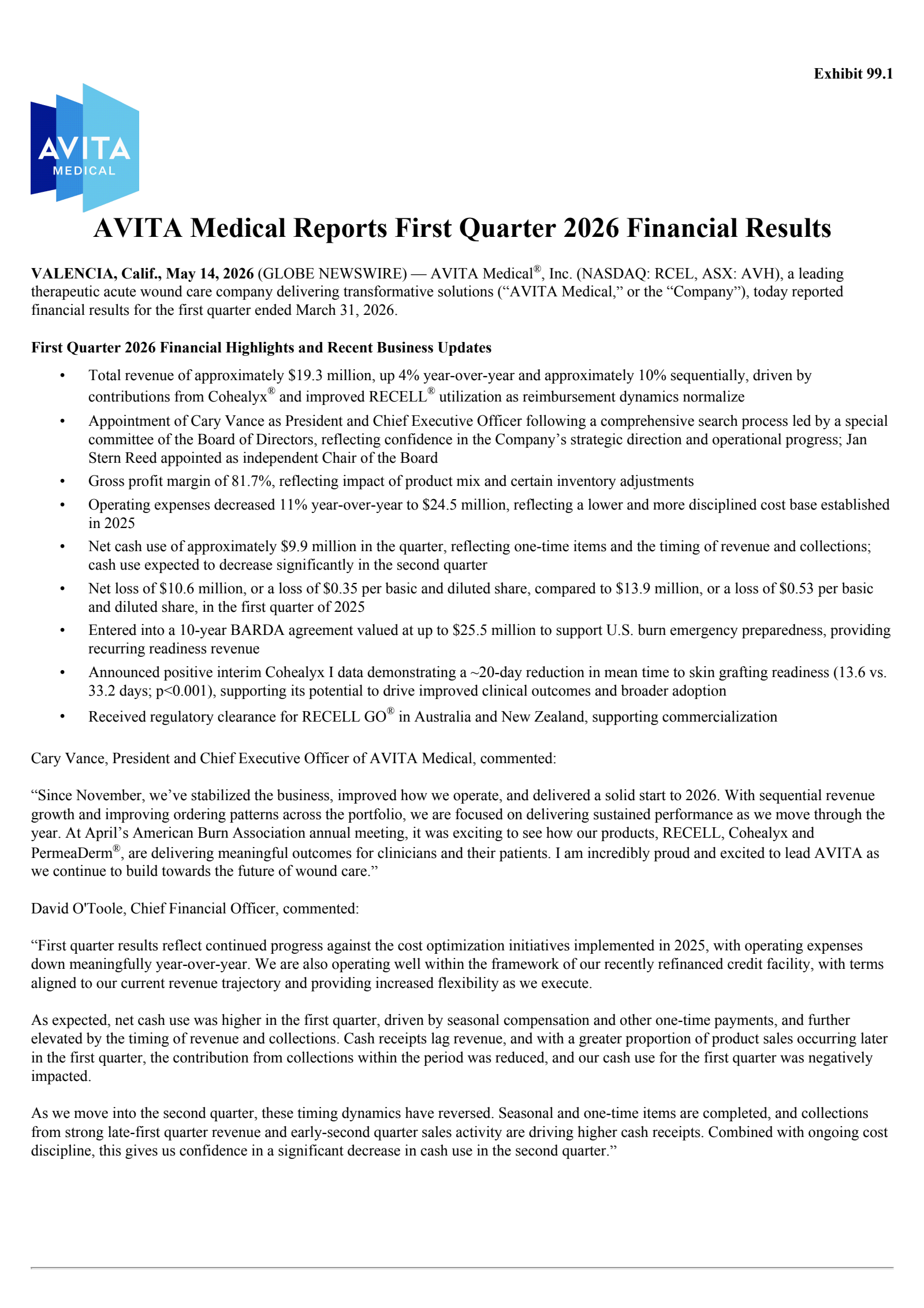 Avita Medical's Q1 2026 Press Release
