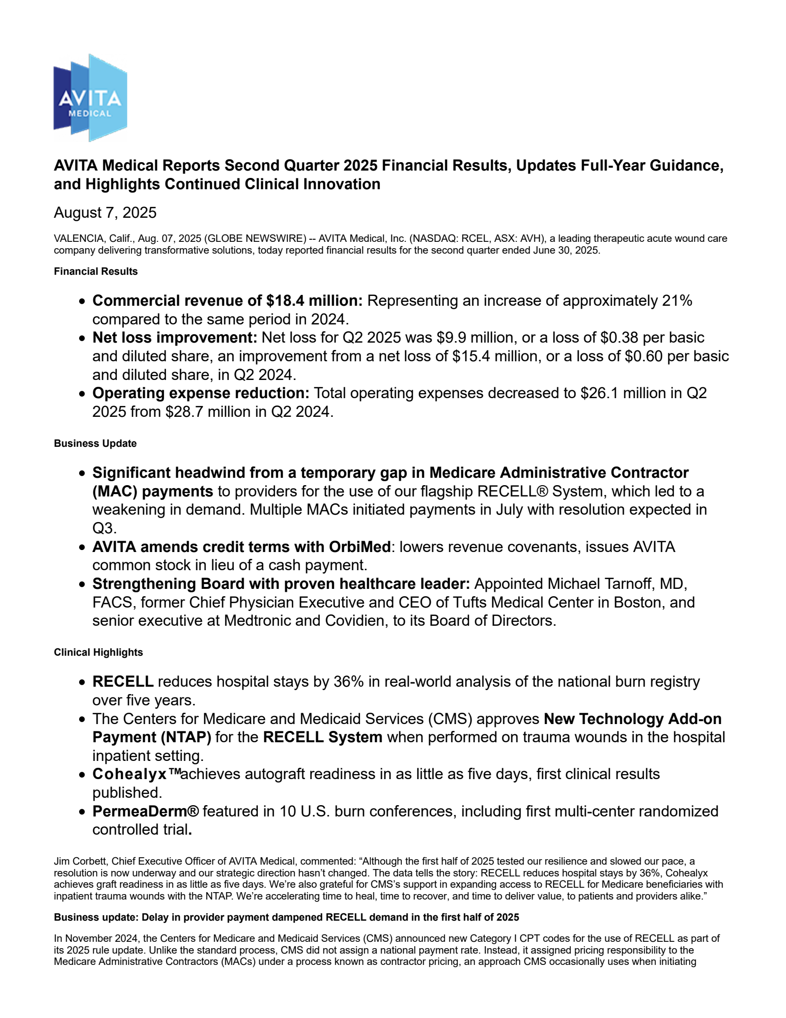 Avita Medical's Q2 2025 Press Release