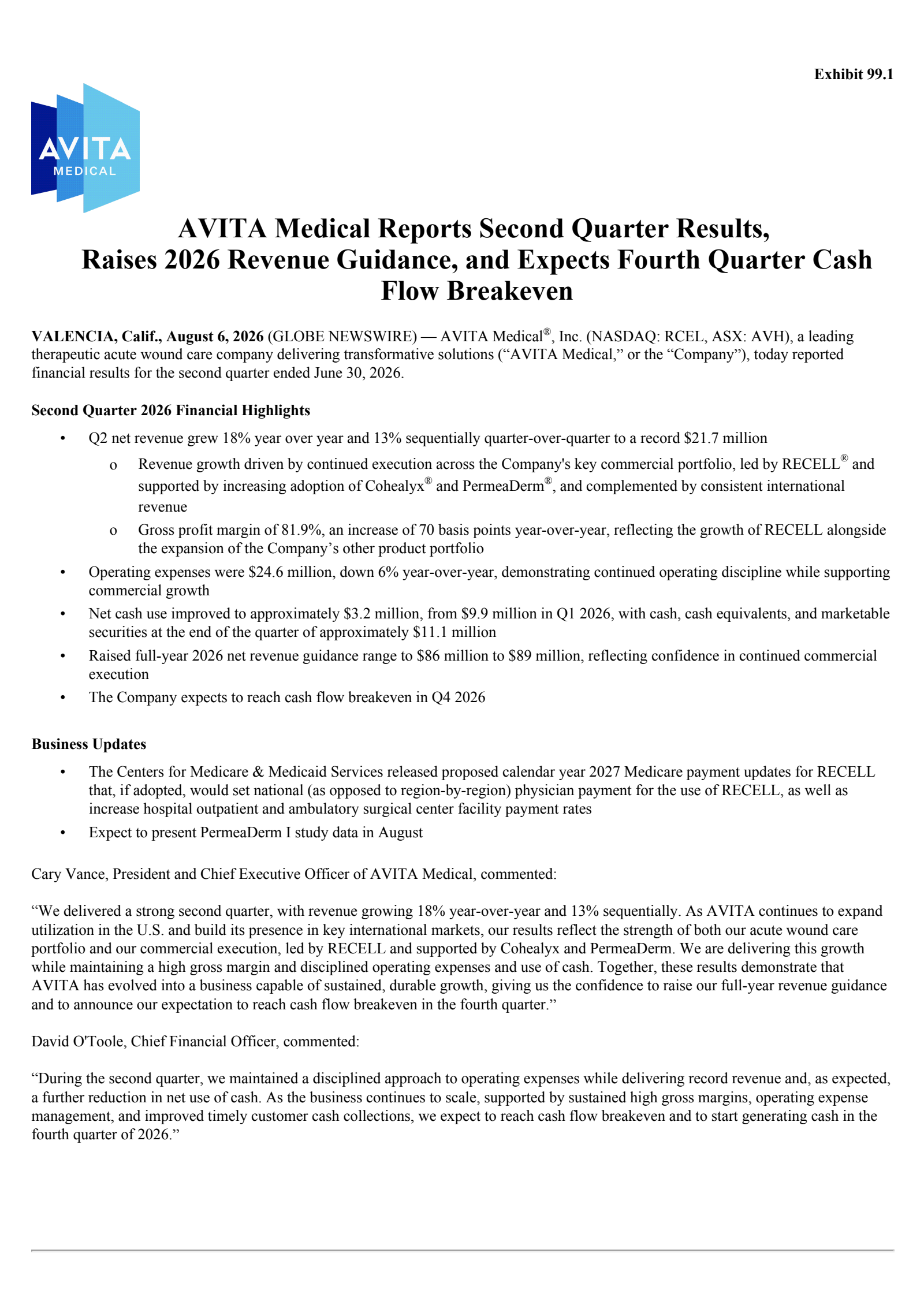 Avita Medical's Q2 2026 Press Release