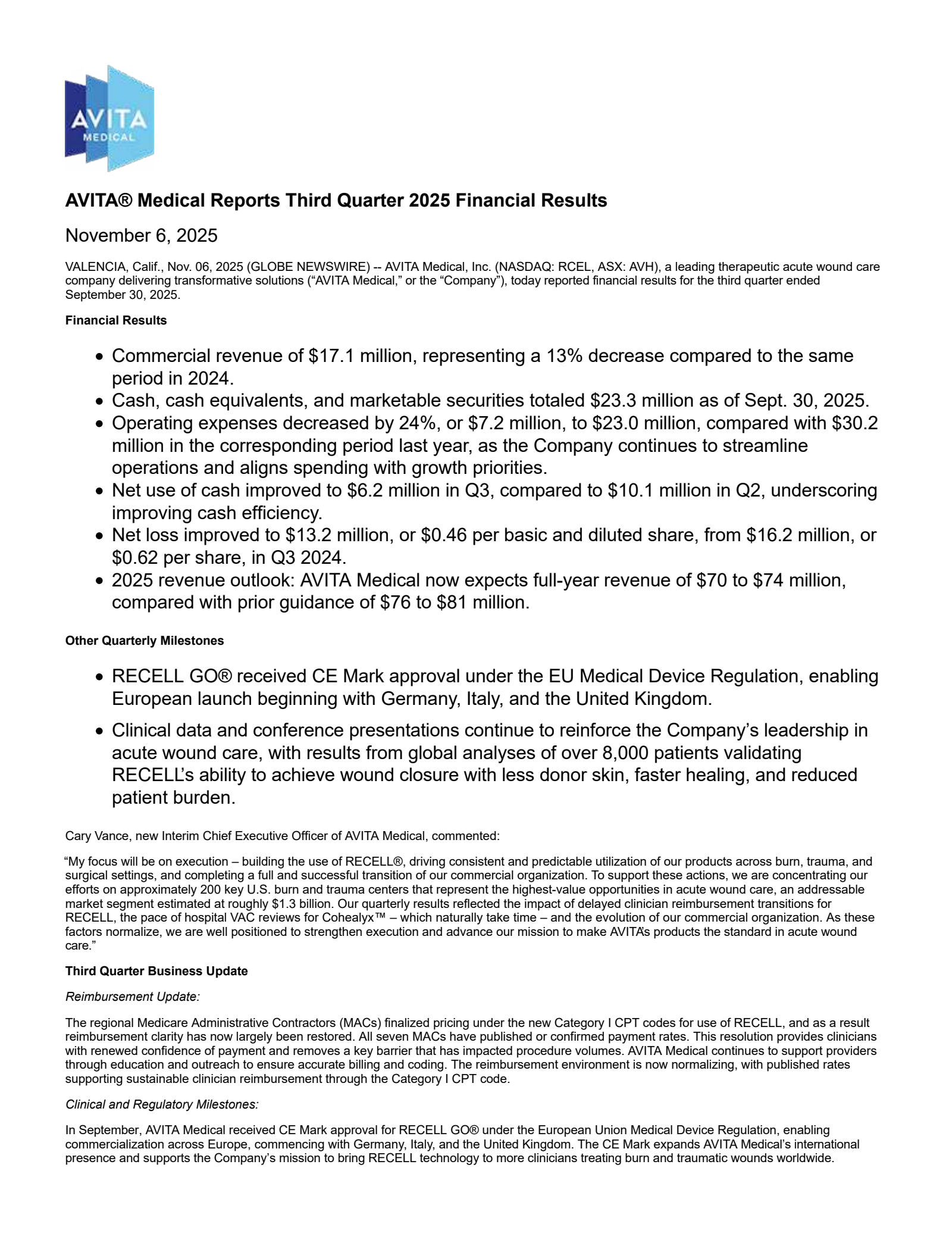 Avita Medical's Q3 2025 Earnings Release