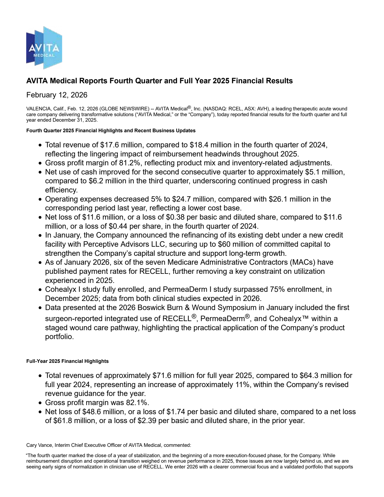 Avita Medical's Q4 2025 Press Release