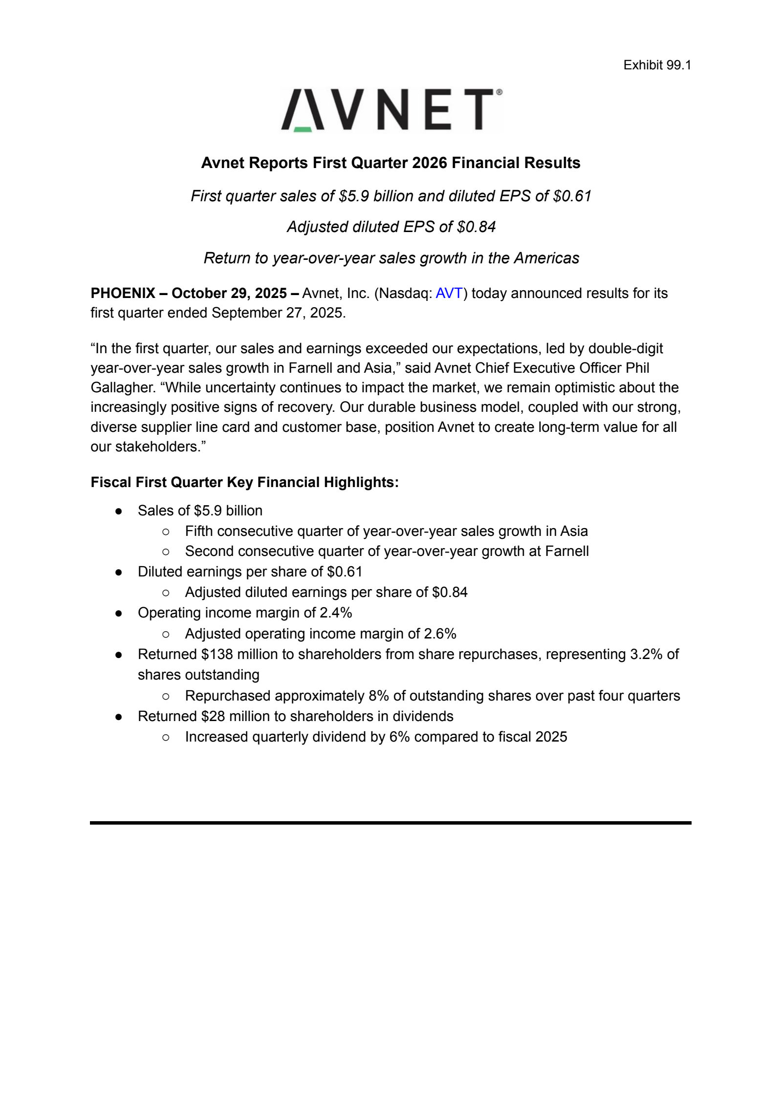Avnet's Q1 2026 Earnings Release