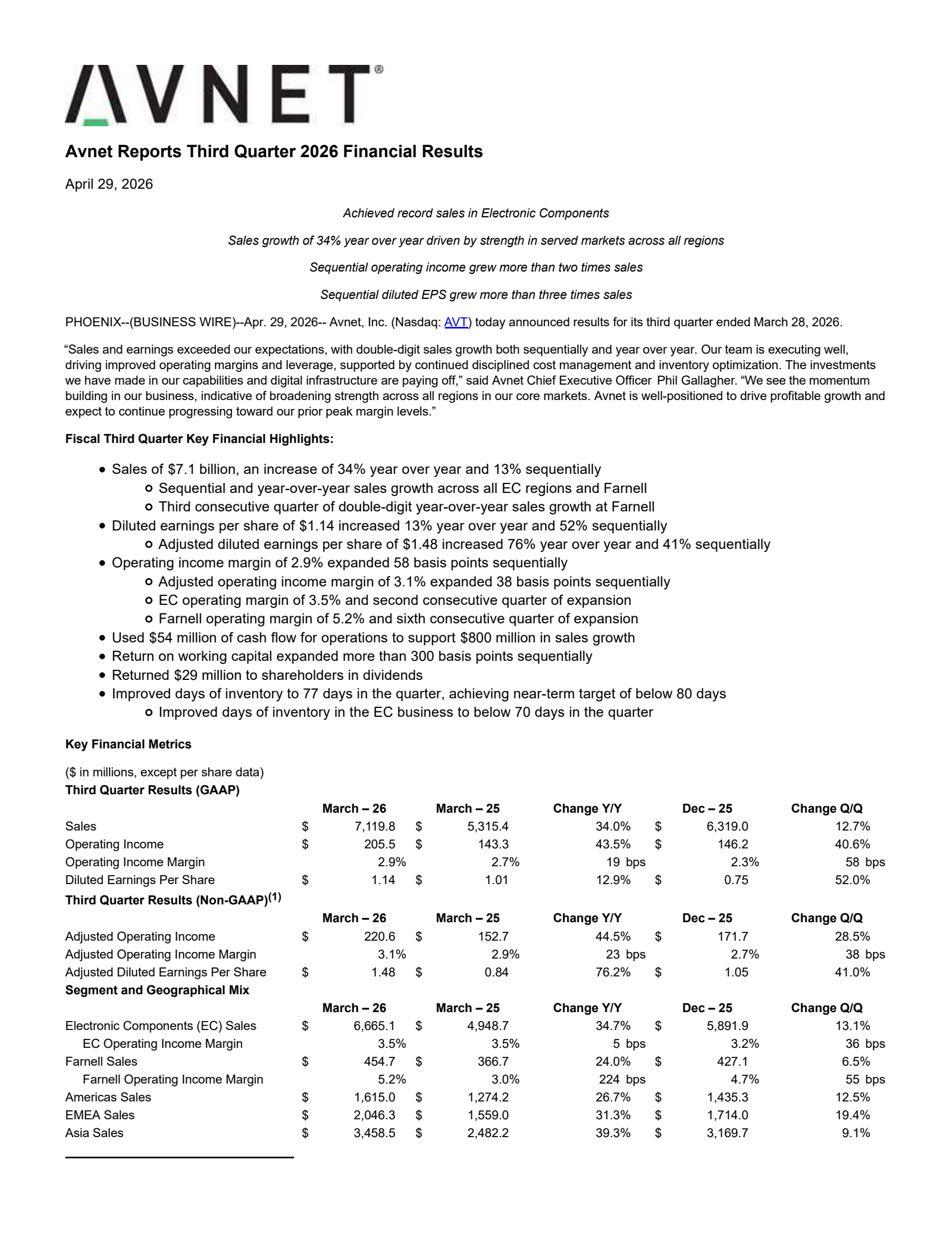 Avnet's Q3 2026 Press Release