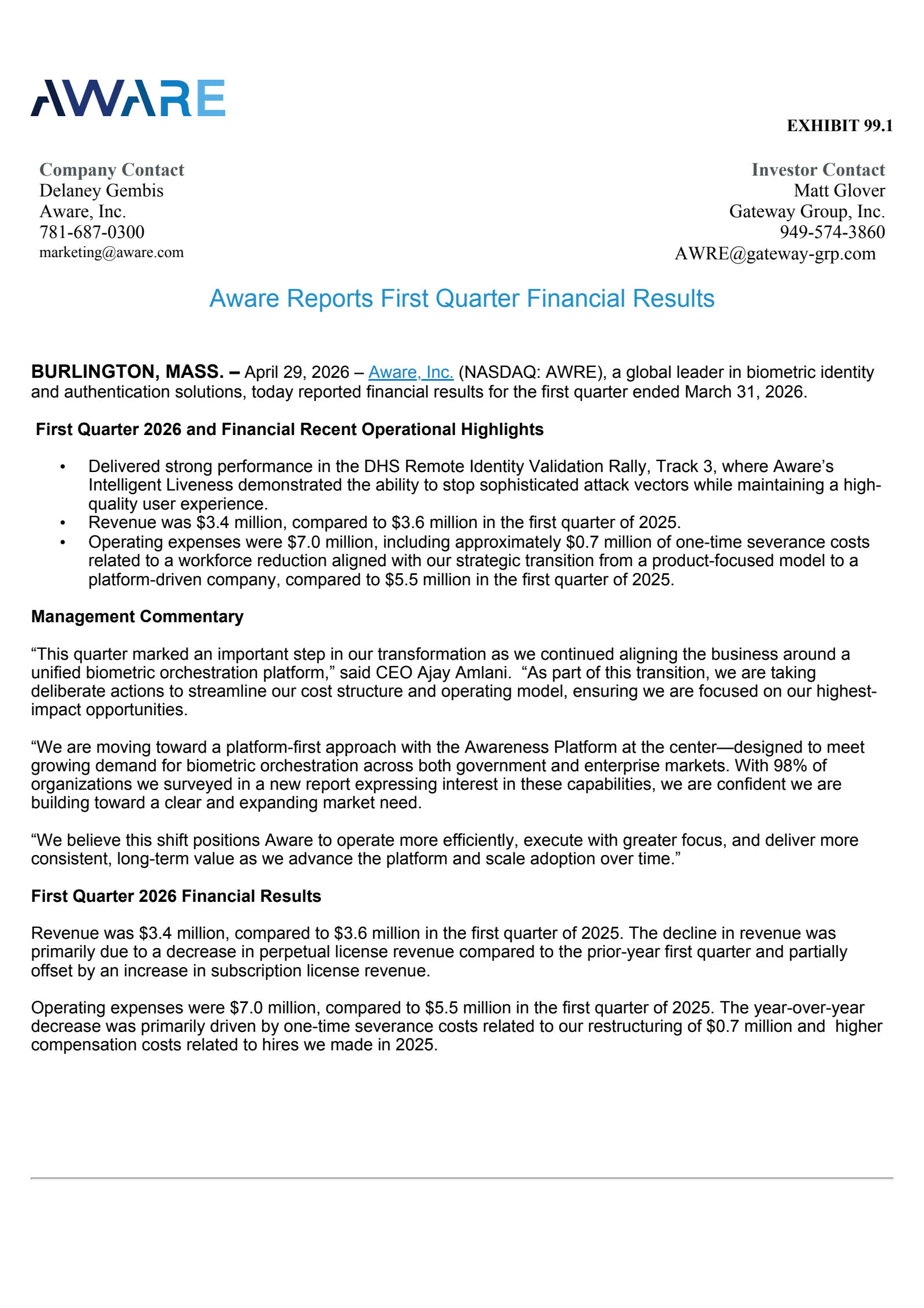 Aware's Q1 2026 Press Release